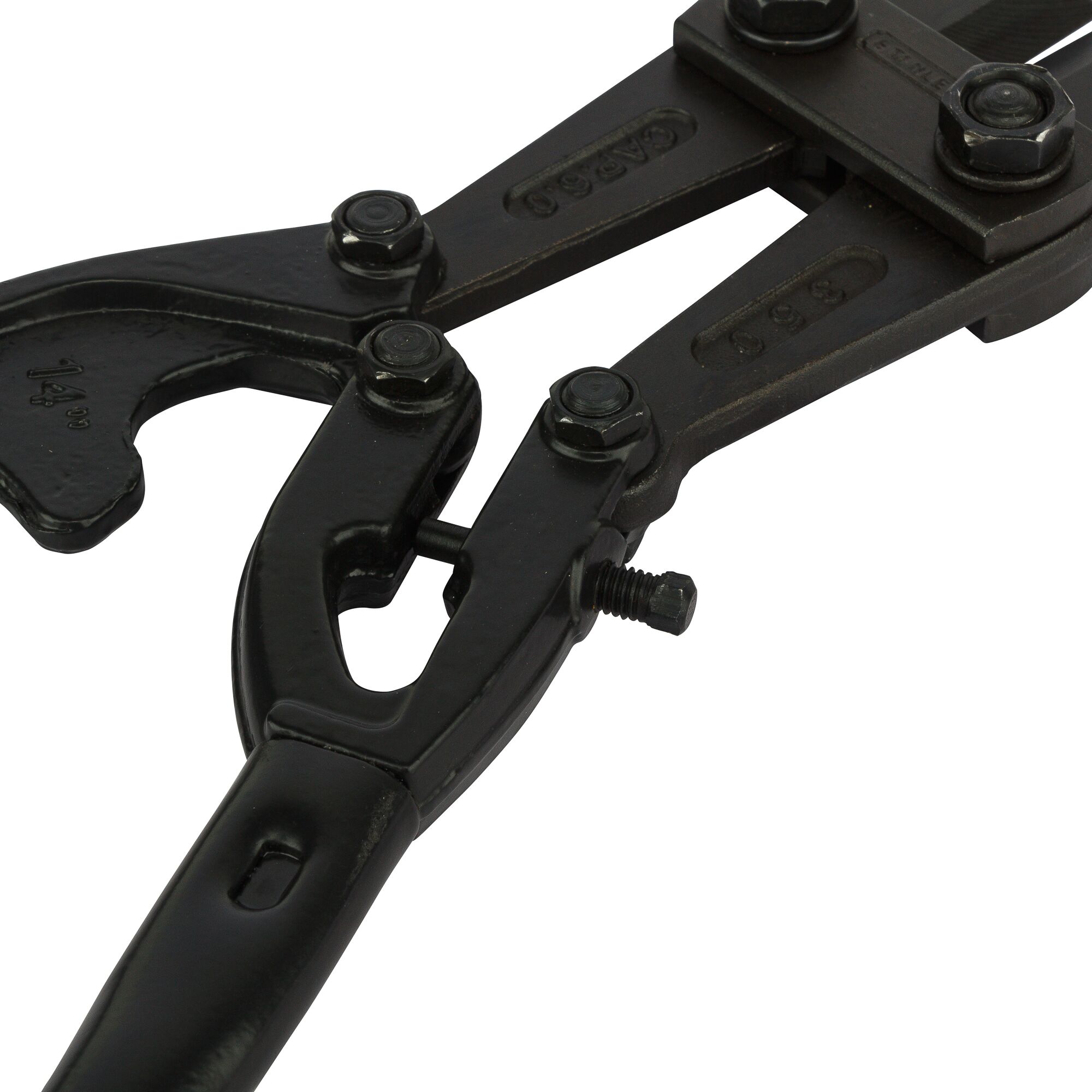 STANLEY 14-314-23 black heavy-duty bolt cutter, close-up on cutting jaws, photographed on white background.