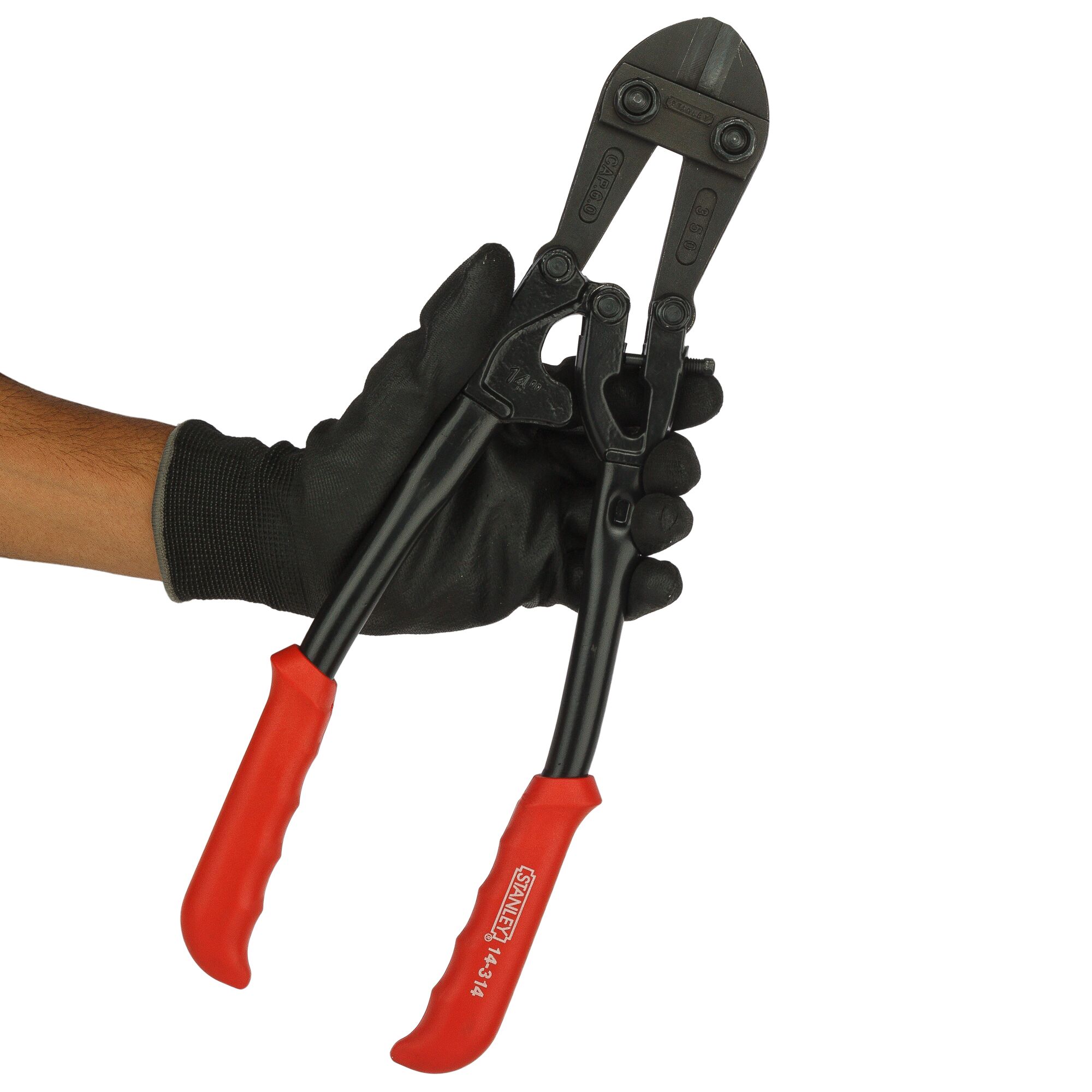 Photo of STANLEY 14-314-23 bolt cutter with red handles held by a gloved hand, product side angle.
