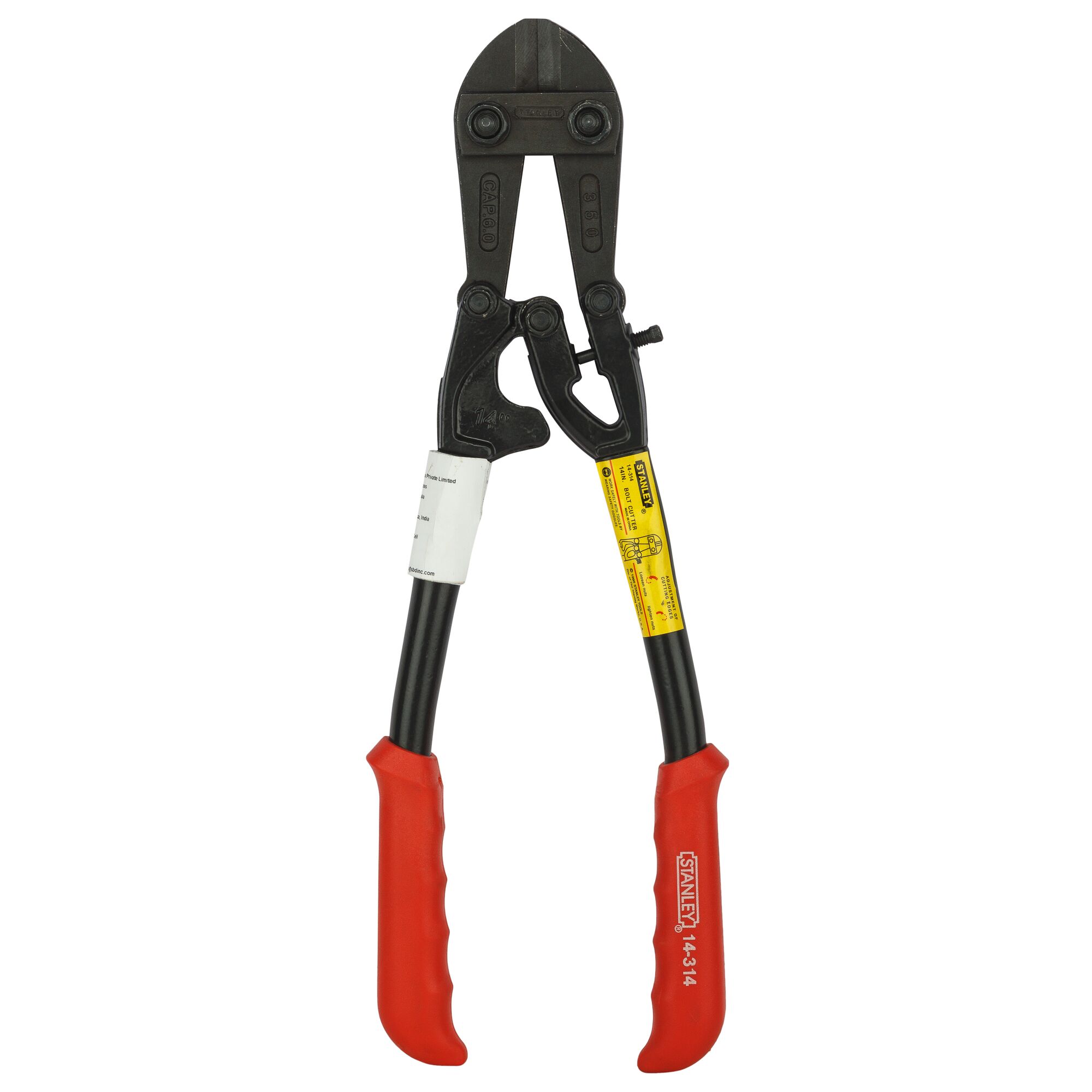Stanley 14-314-23 bolt cutter with black blades and red grips, front angle on white background.