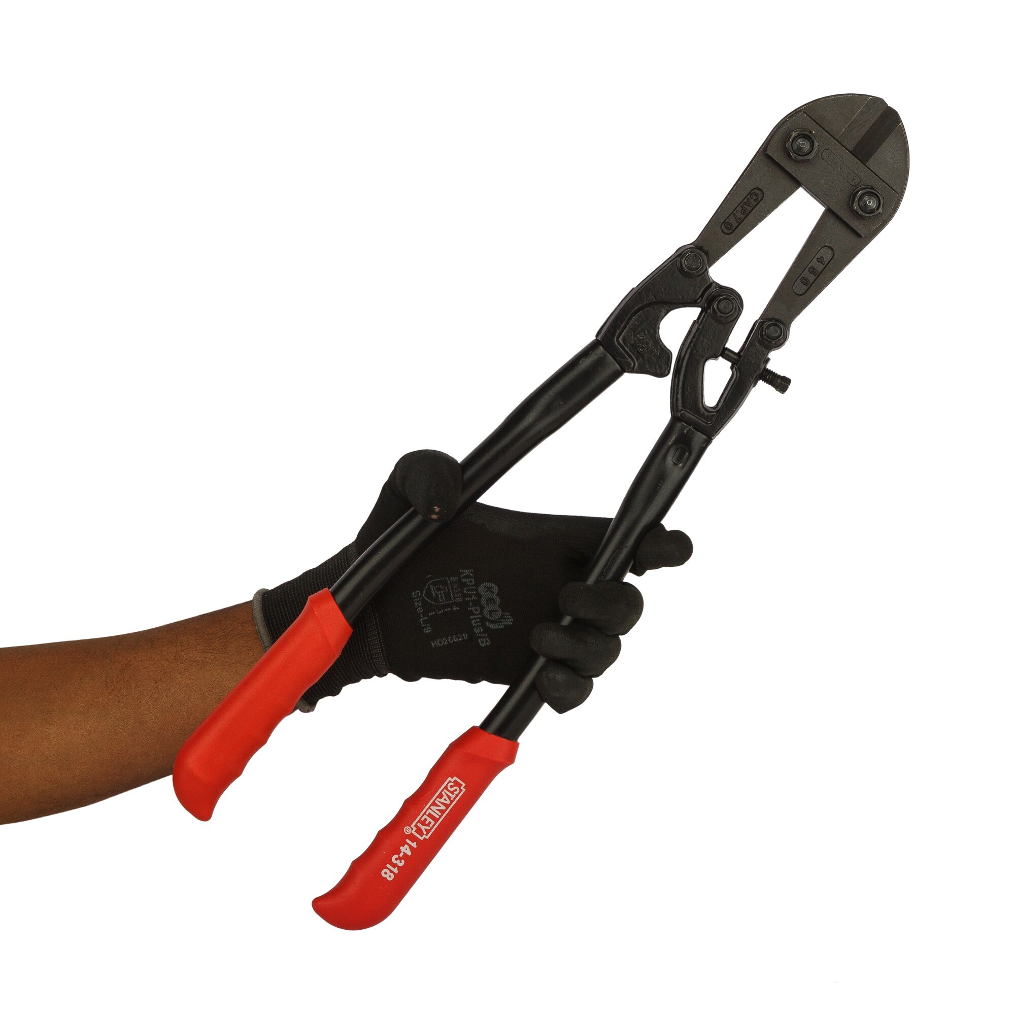 Photo of STANLEY 14-318-23 bolt cutter with red handles held by a gloved hand, front angle view.