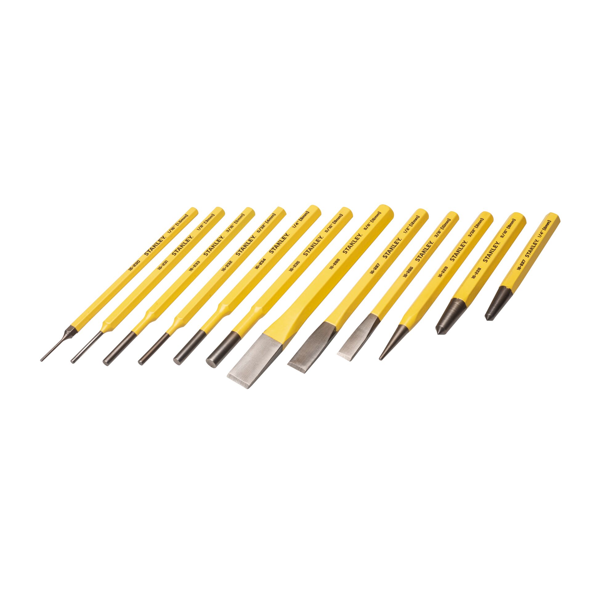Stanley yellow and silver 12-piece punch and chisel set, front view on white background.