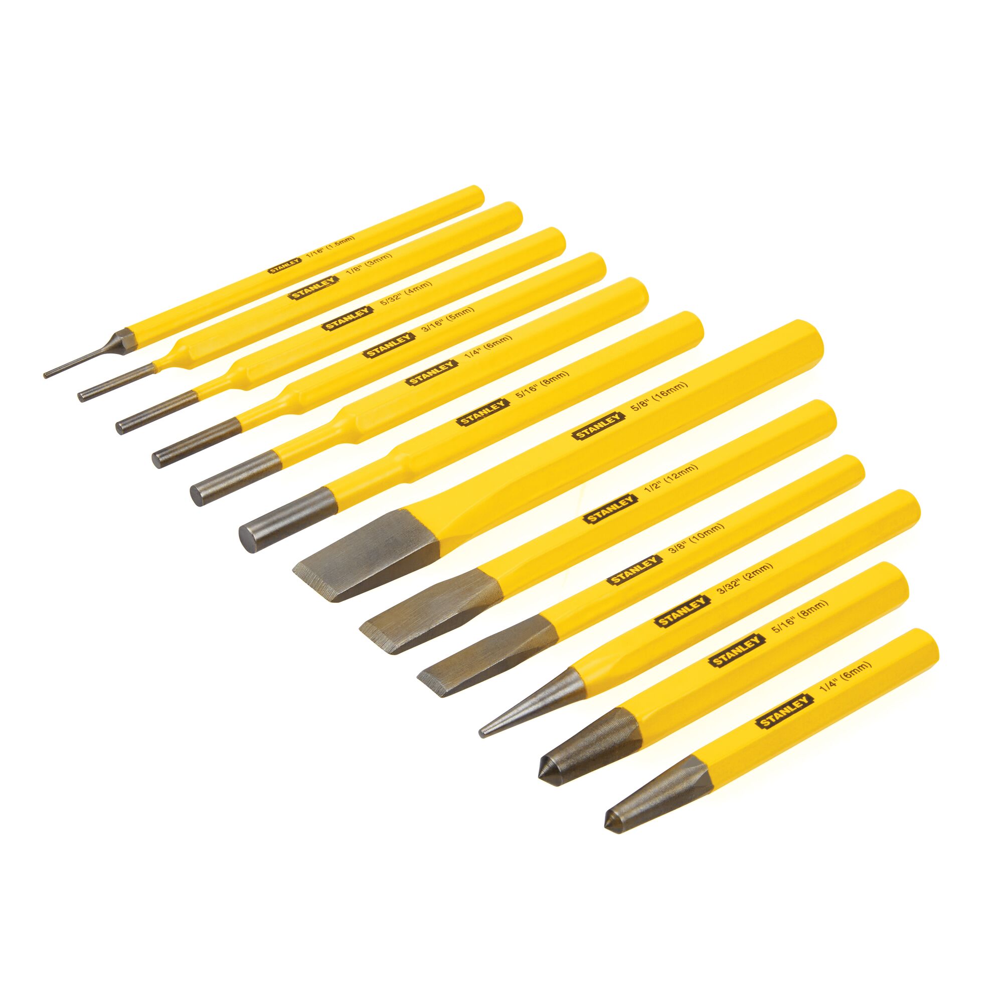Stanley 12-piece yellow punch and chisel set, angled top view, tools with steel tips and yellow handles on white background