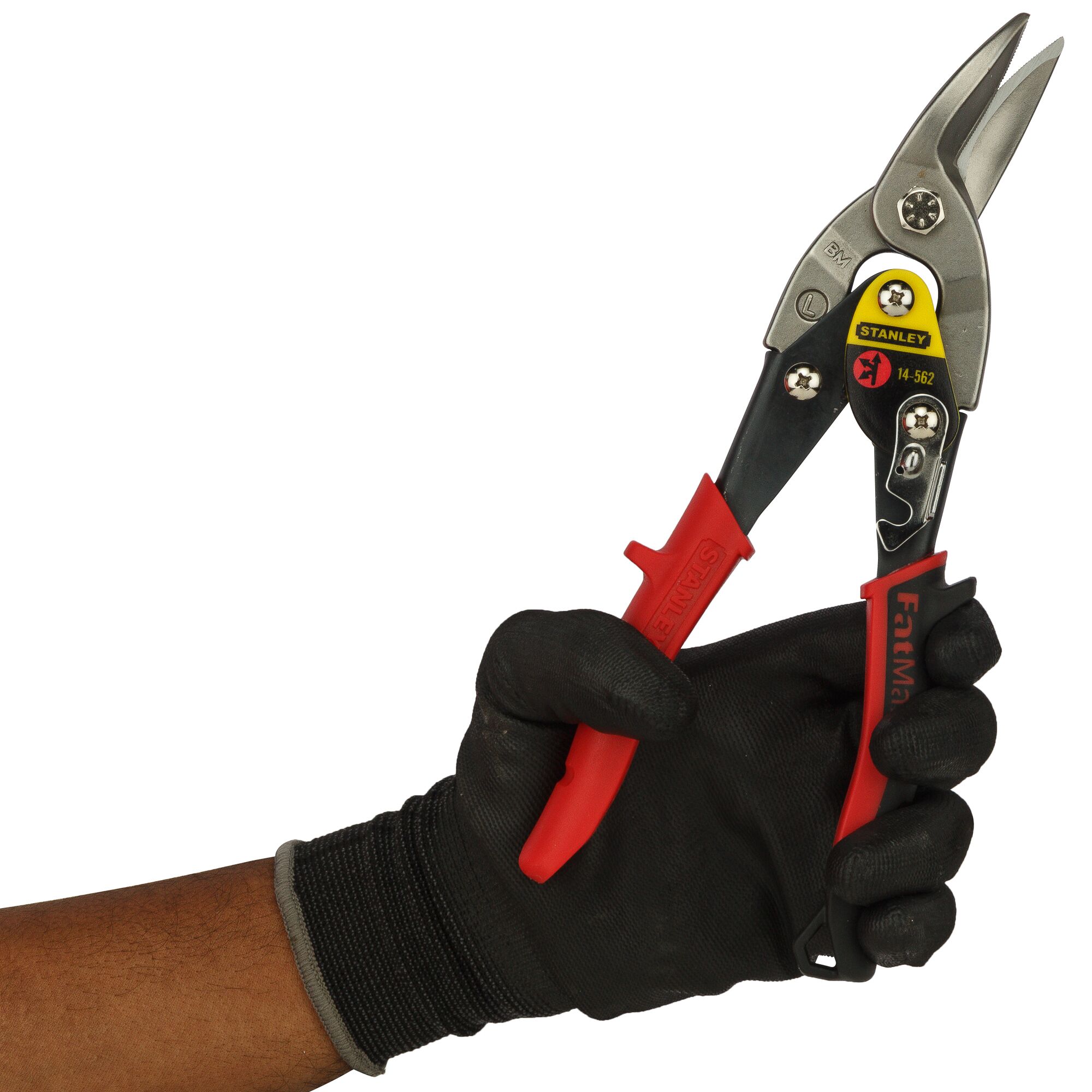 Photo of STANLEY FatMax snips SKU 2-14-562 held in gloved hand, red and black handles, left angle view.
