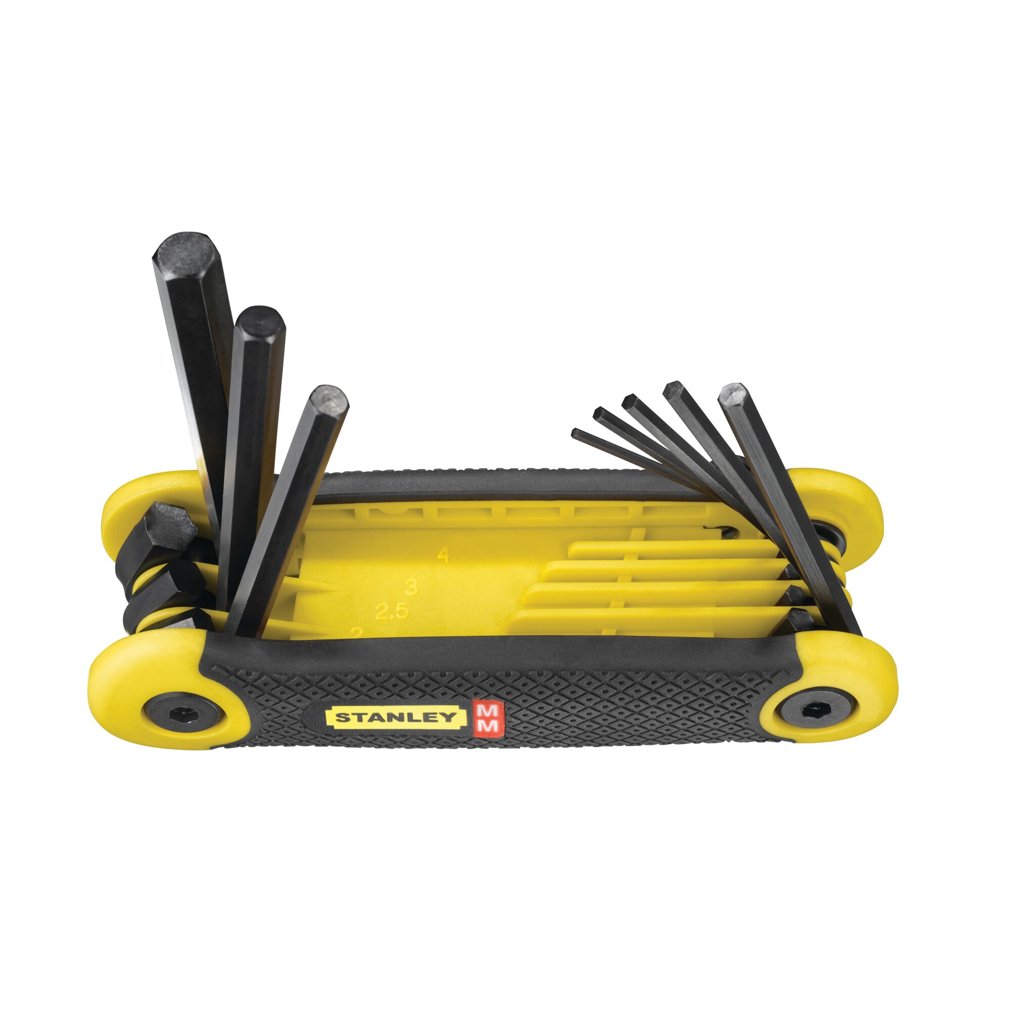 STANLEY 2-69-264 hex key set with yellow and black foldable holder, multiple hex keys extended, side angle.