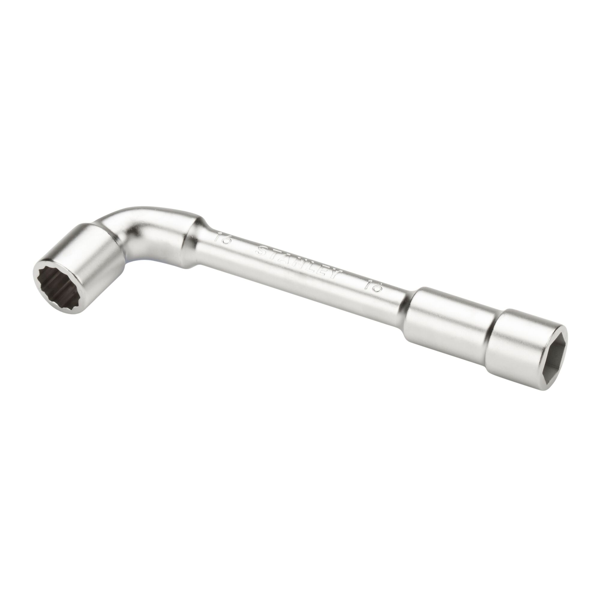 Chrome finish STANLEY socket wrench with two hex ends, used for tightening or loosening bolts.