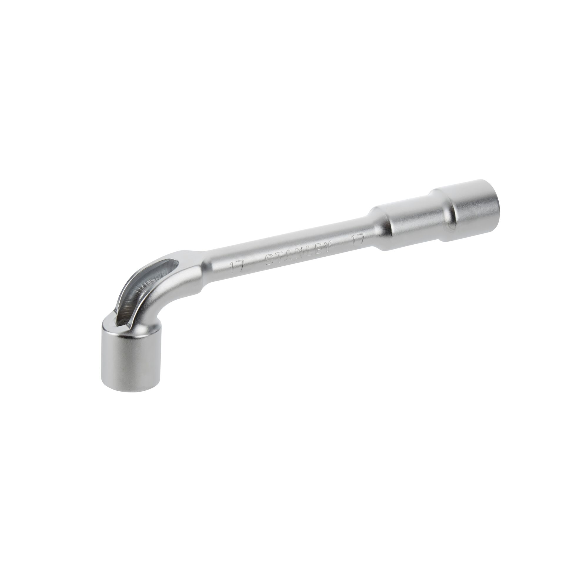 STANLEY 2-86-694 silver L-shaped socket wrench on white background, side angle.