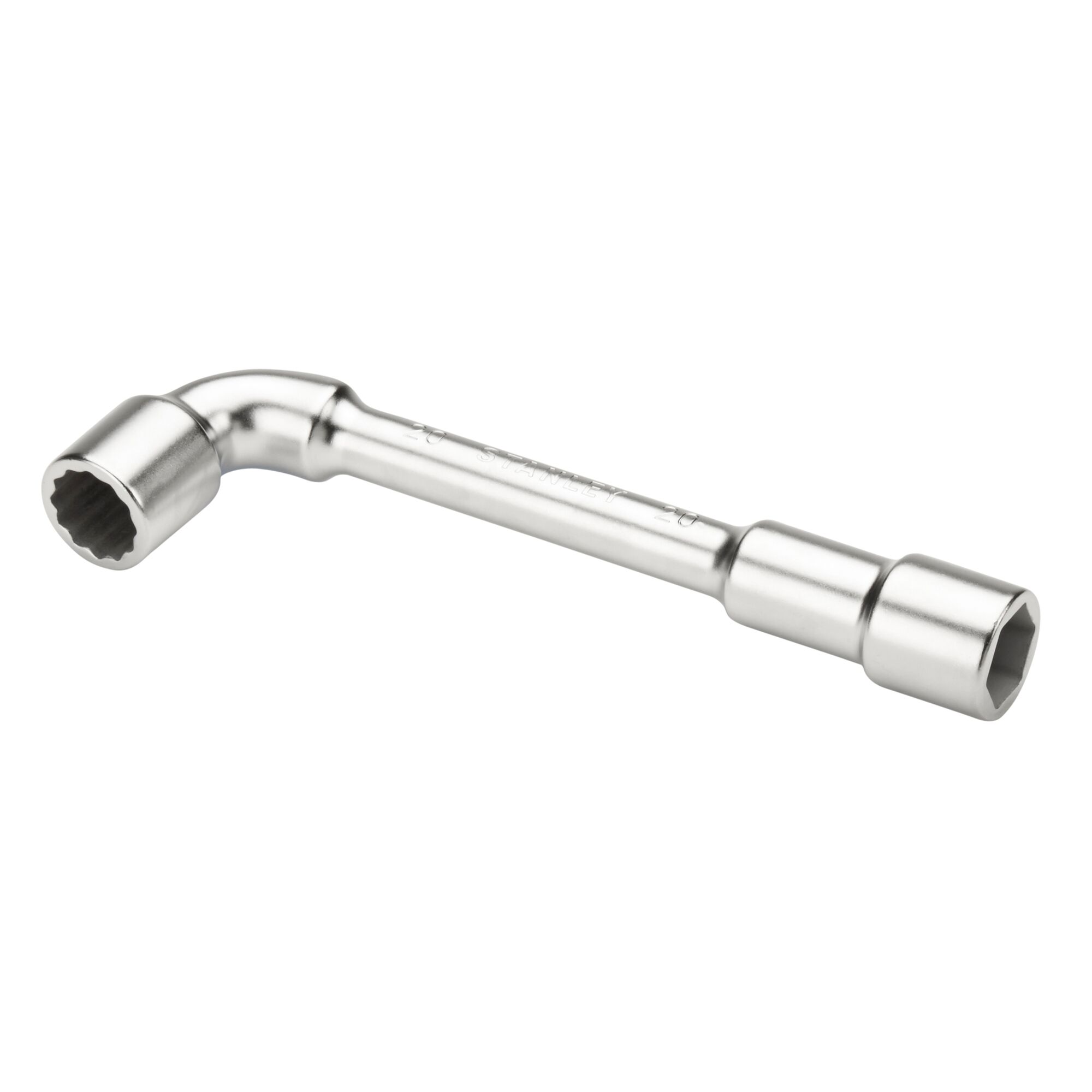 STANLEY 2-86-697 silver L-shaped socket wrench, side angle, chrome finish hand tool.