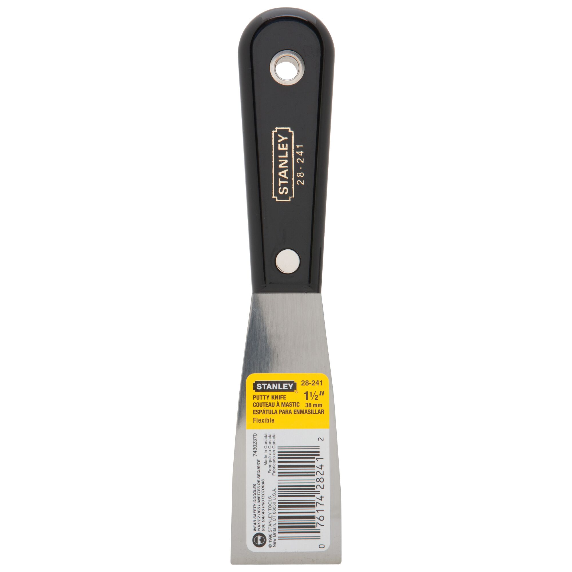 STANLEY 28-241 putty knife with black handle and flexible 1-1/2 inch steel blade, front view on white background.