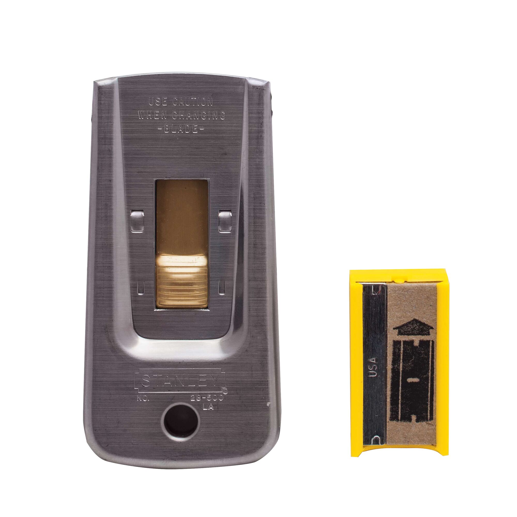Stanley utility razor scraper and yellow blade holder front view on white background