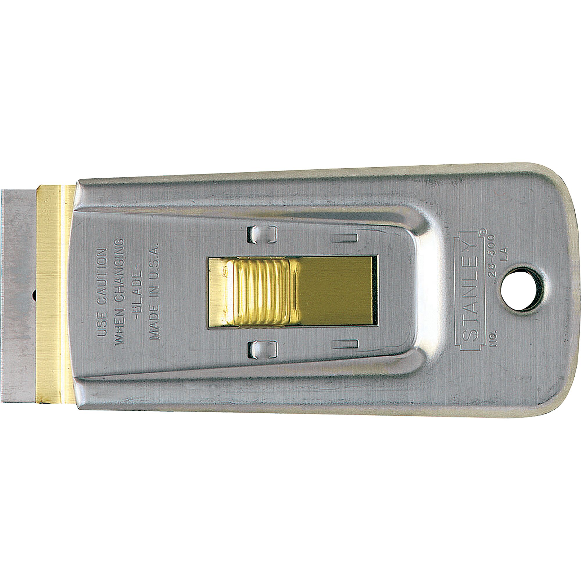 Stanley 28-500 metal utility razor scraper, silver with gold slider, overhead view on white background.