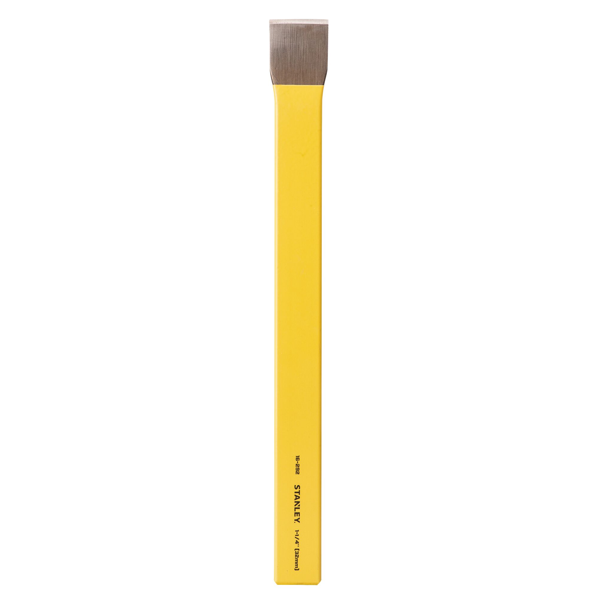 STANLEY 4-18-292 flat chisel with yellow handle, photographed from the front on white background.