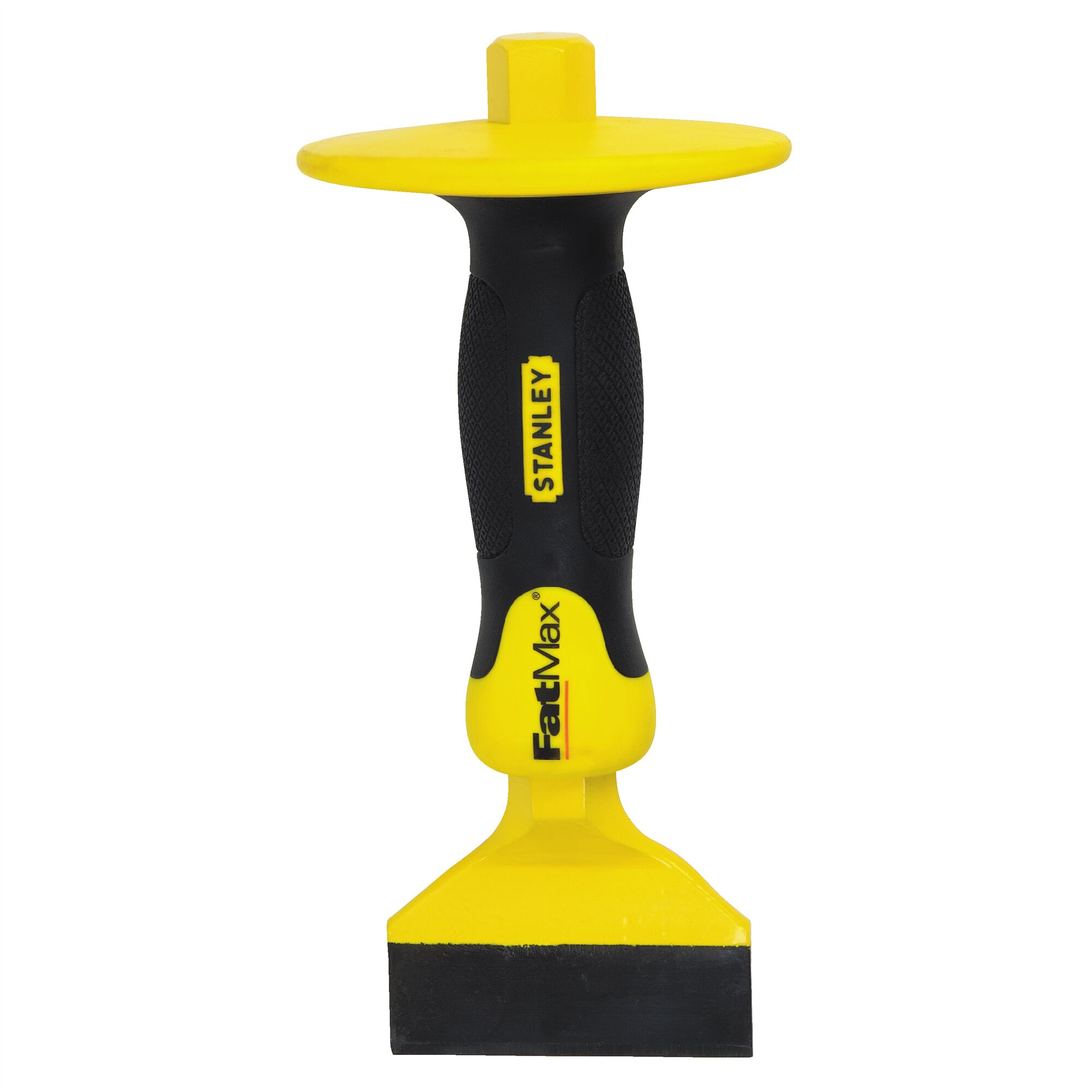 STANLEY 4-18-327 masonry chisel, FatMax series, yellow and black, with protective hand guard, front view on white.