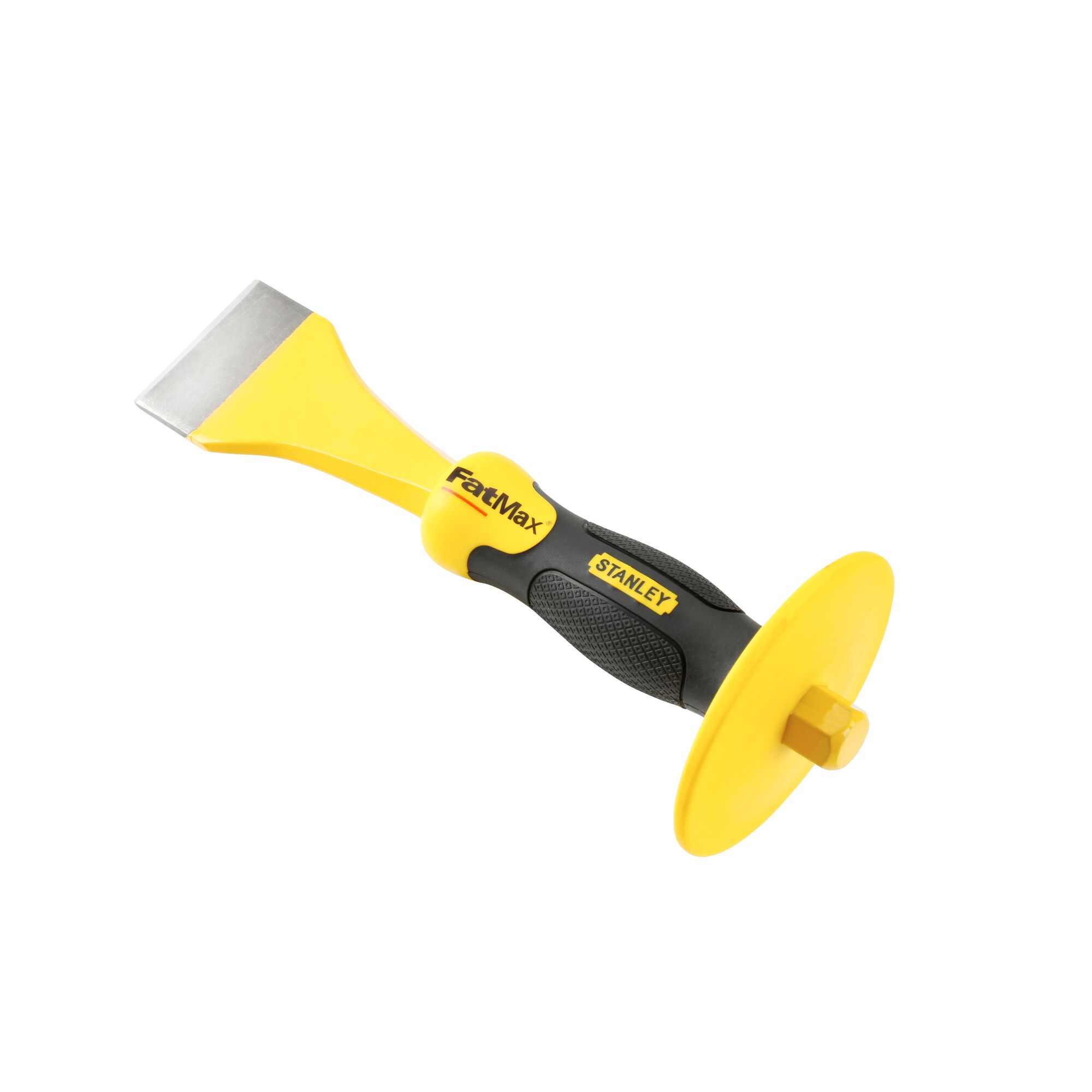 Photo of STANLEY 4-18-330 cold chisel with yellow and black handle, hand guard, and flat steel blade on white background.