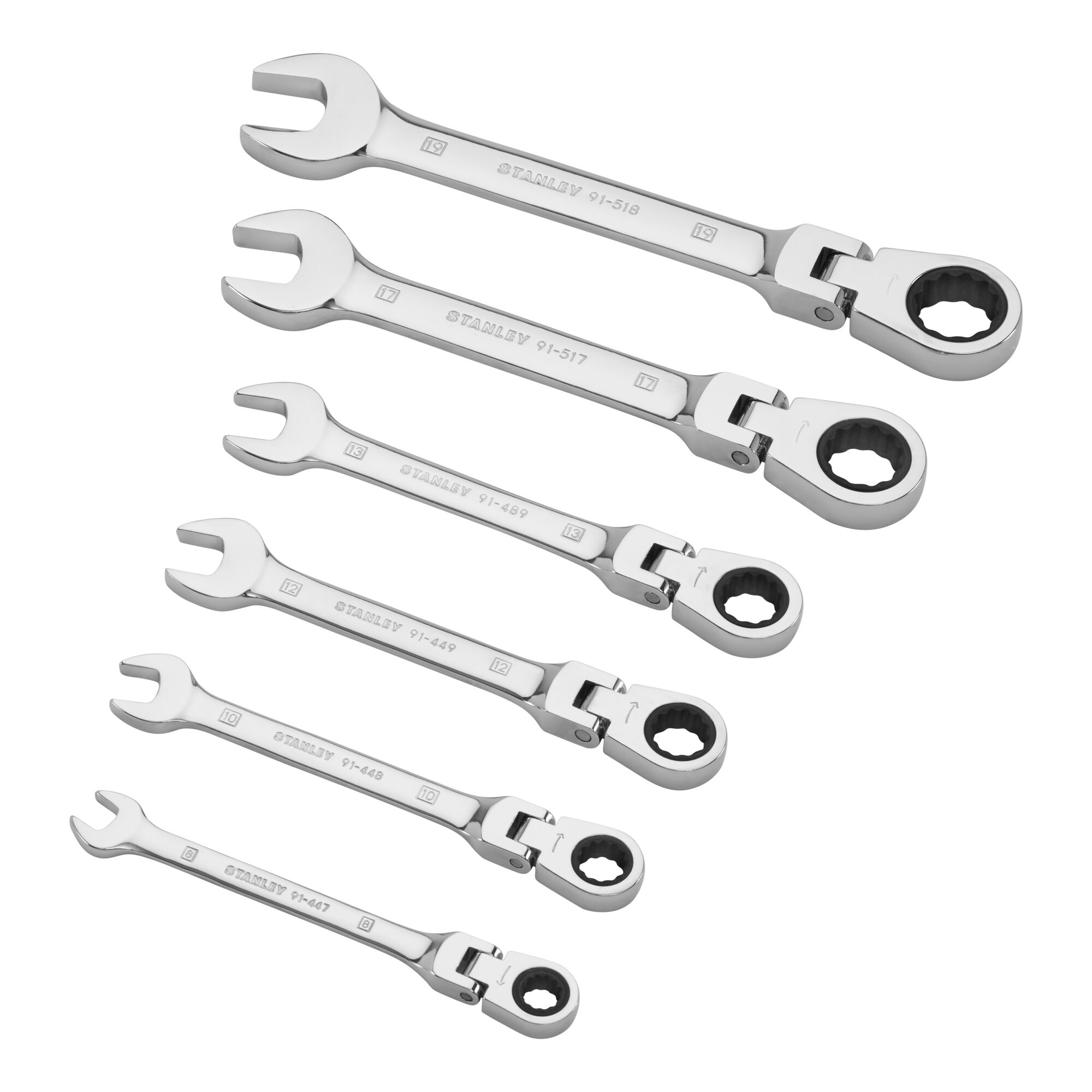 STANLEY 4-91-444 set of six chrome ratcheting combination wrenches, open and box ends, front angle.
