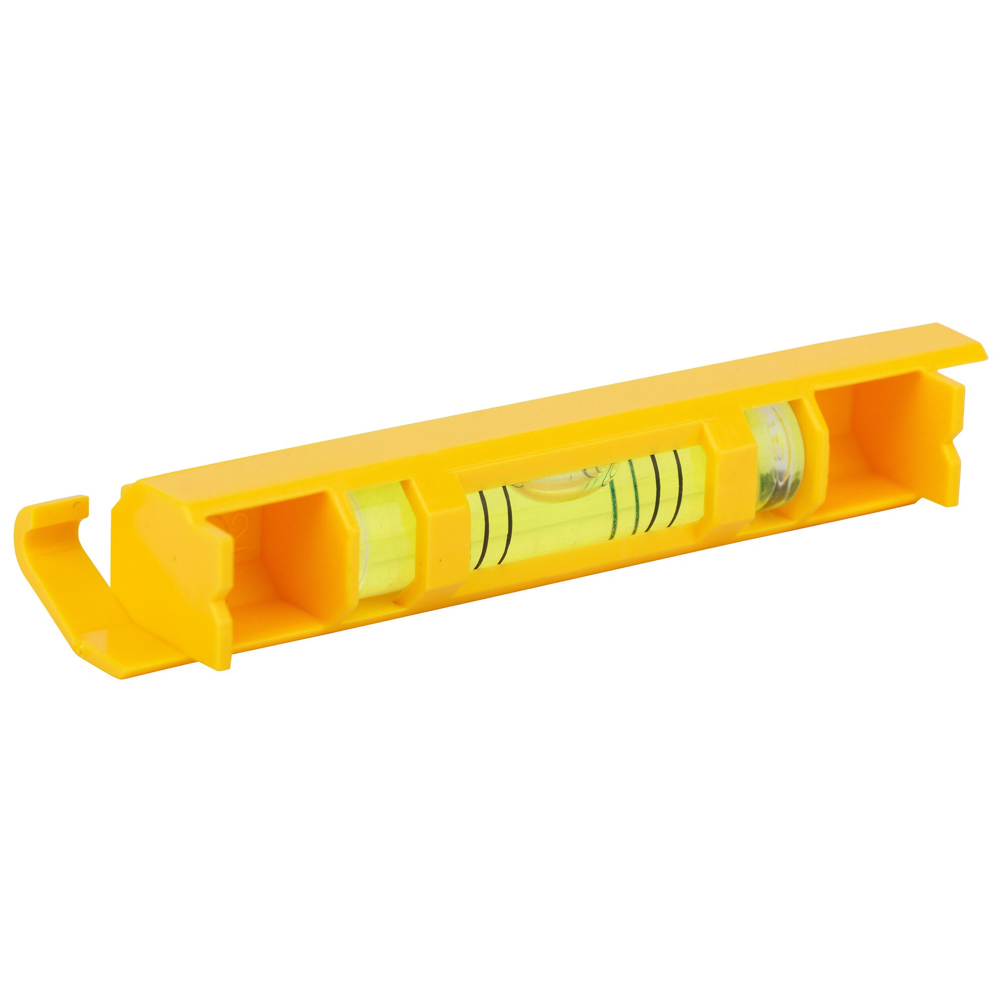 STANLEY 47-443 yellow plastic line level, side angle, photography of leveling tool.