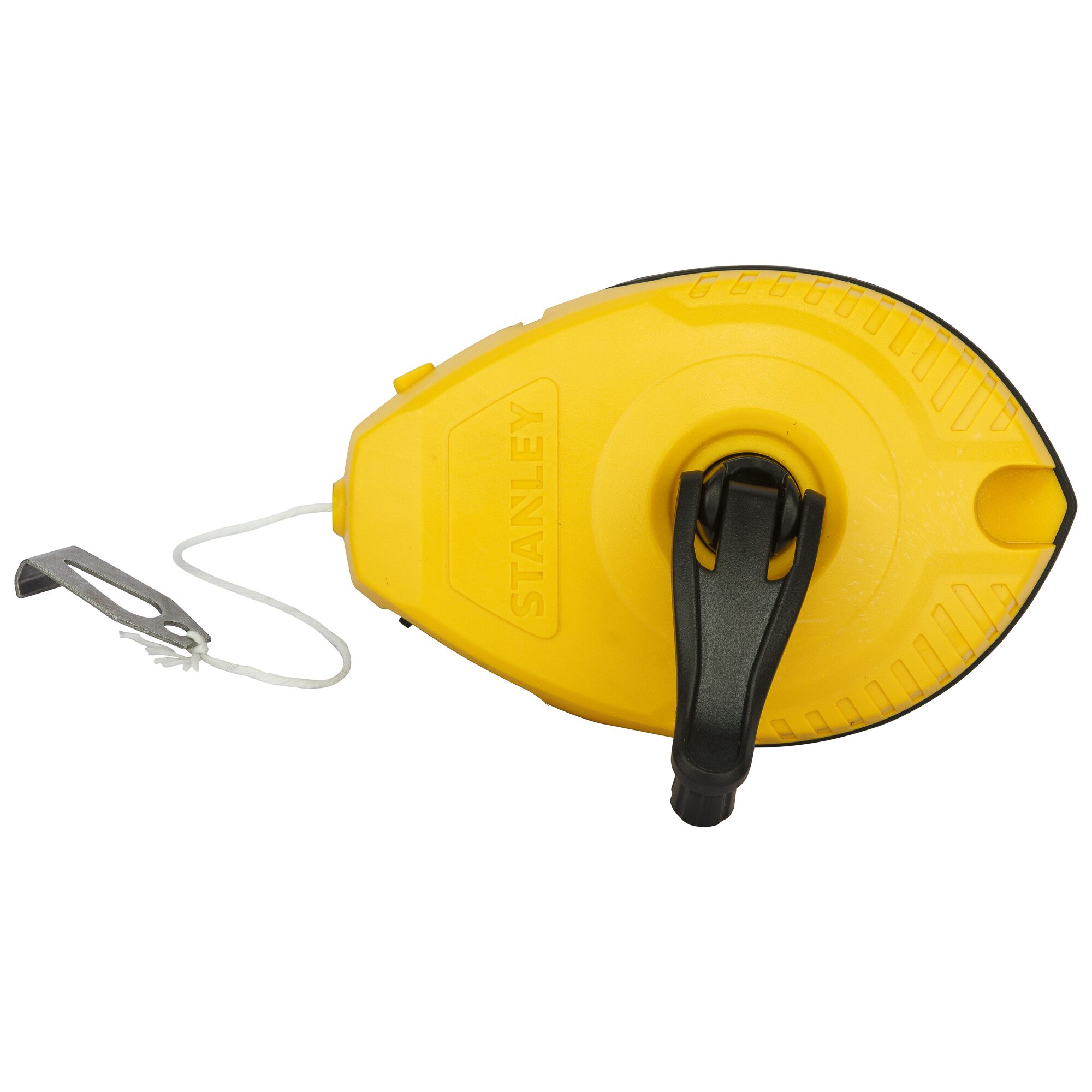 STANLEY 47-443 yellow chalk reel with black handle and attached string, product photo on white background.
