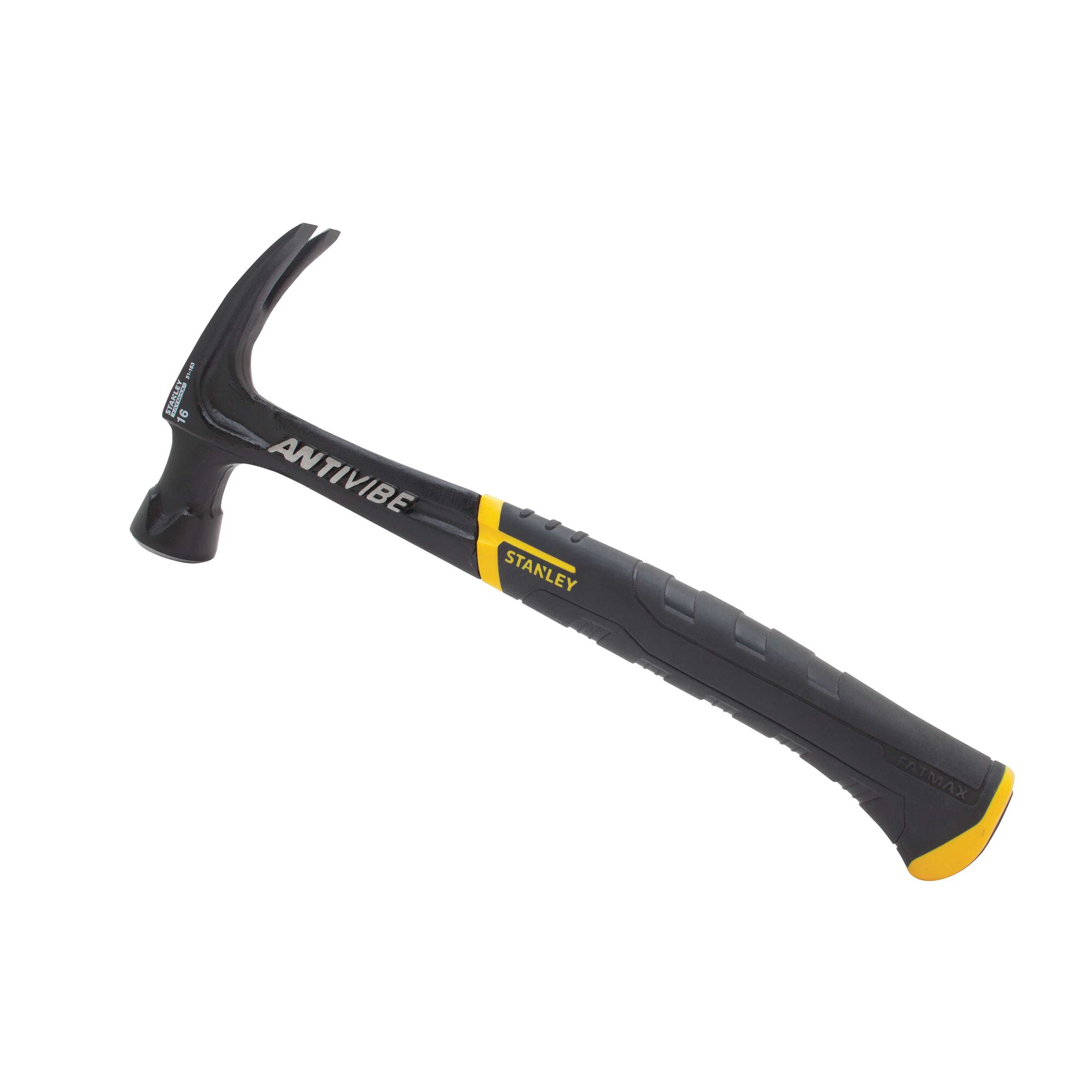 STANLEY 51-163 claw hammer with black and yellow anti-vibe handle, product side view on white background.