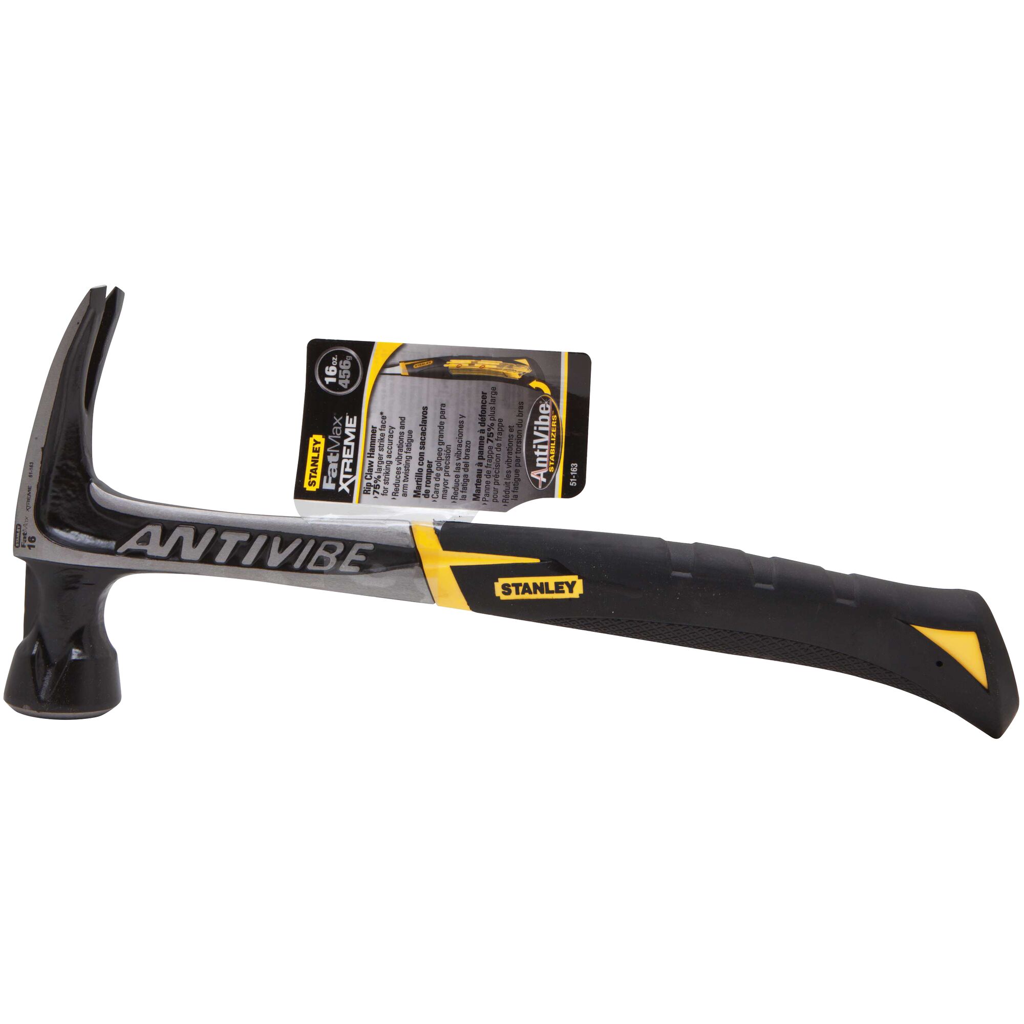 STANLEY ANTI-VIBE claw hammer with black and yellow handle, flat lay on white background, SKU 51-163.