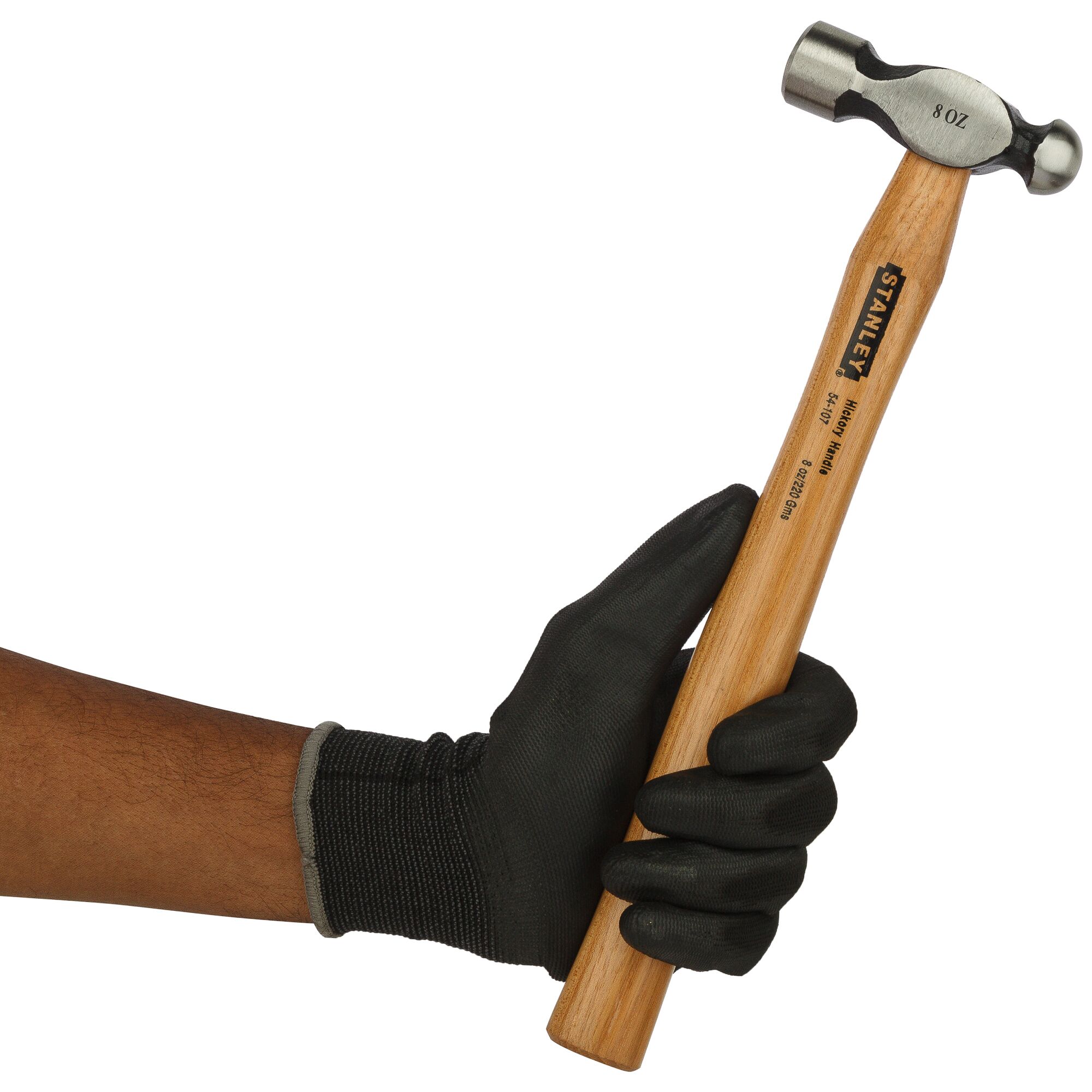 STANLEY 54-107 wood handle hammer held in gloved hand, front view with white background.