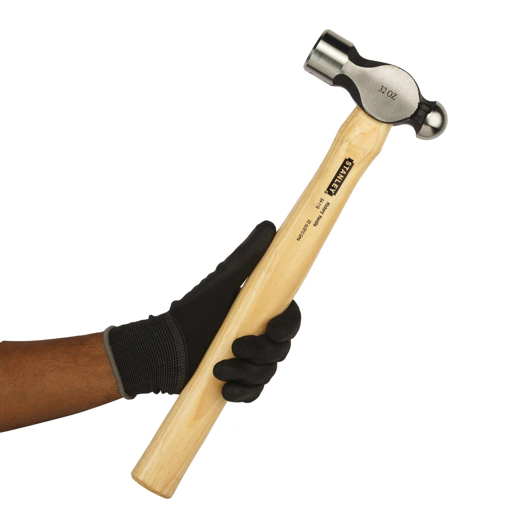 STANLEY 54-118 ball peen hammer with wood handle, side view, held by gloved hand.