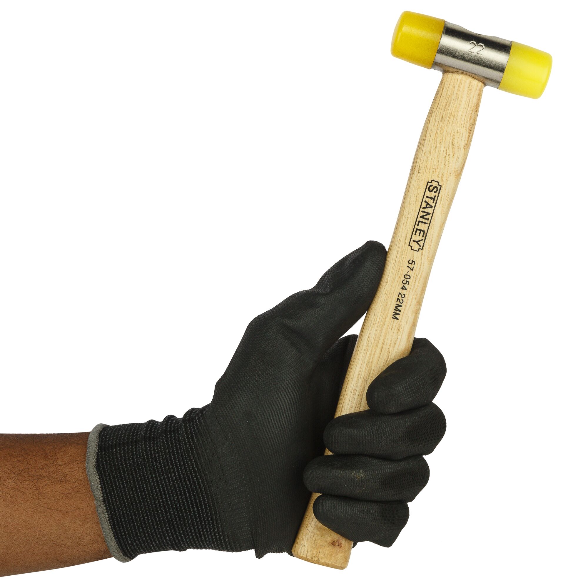 Photo of STANLEY 57-054 hammer with yellow tips, wooden handle, held in a gloved hand, product side view.