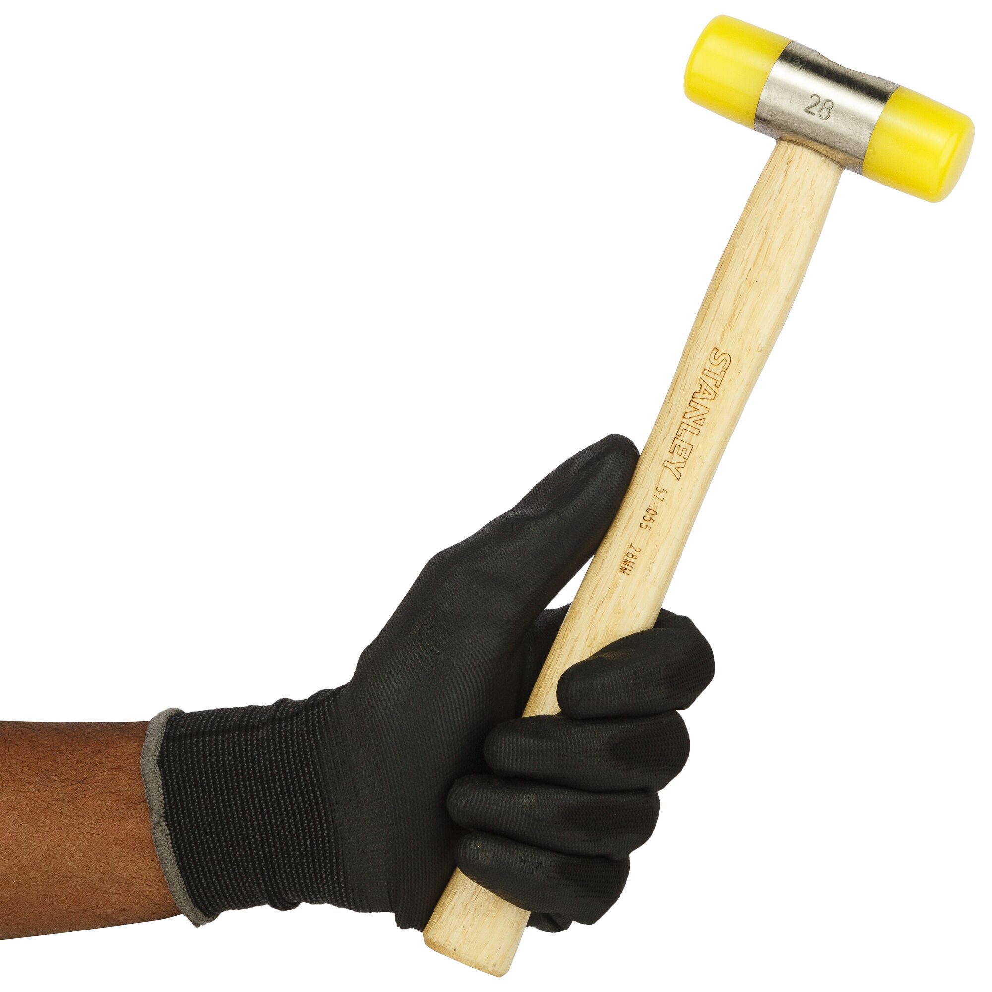Stanley 57-055 hammer with yellow tips and wooden handle held by gloved hand, side angle.