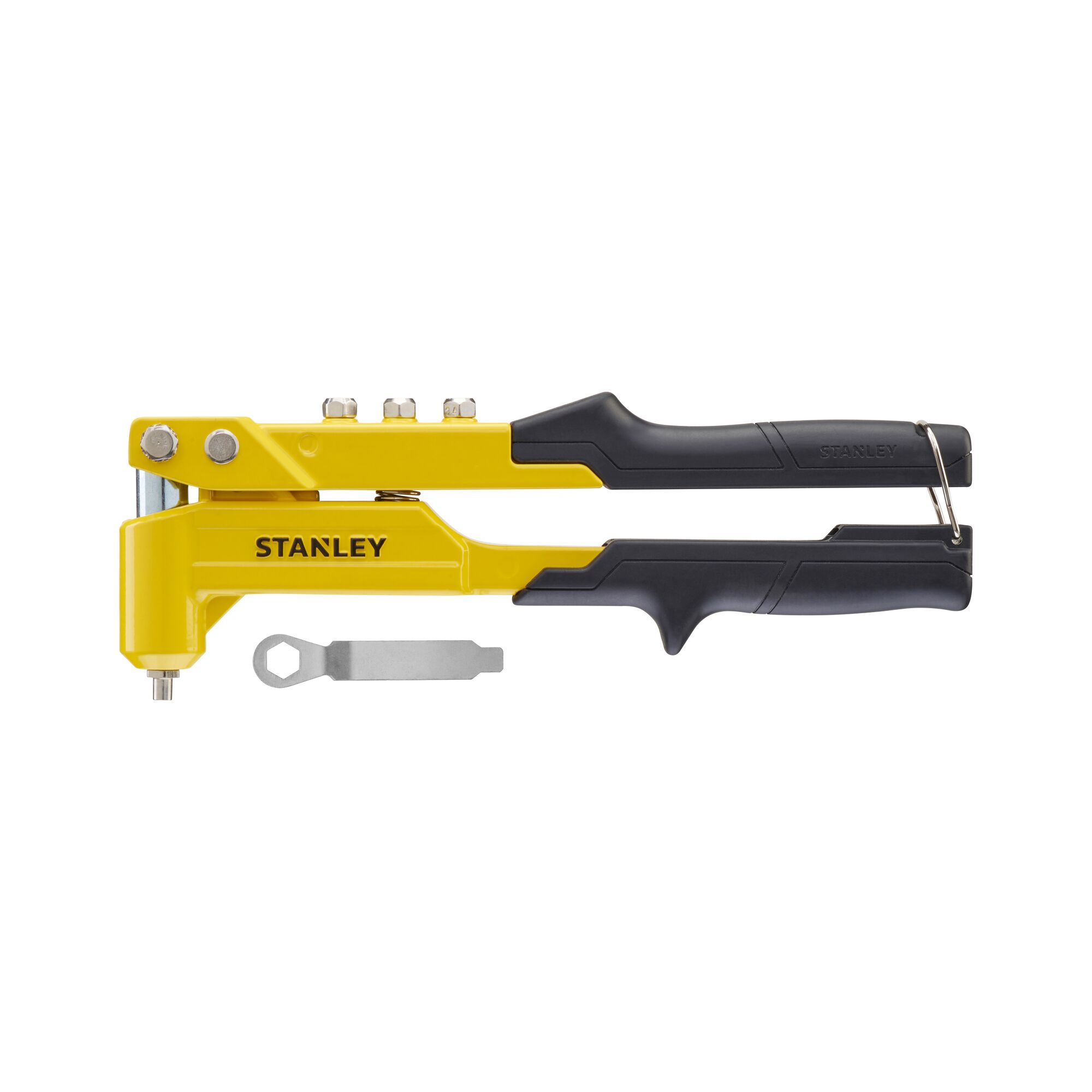 STANLEY 6-MR100 yellow and black hand riveter tool with included wrench, side view on white background.
