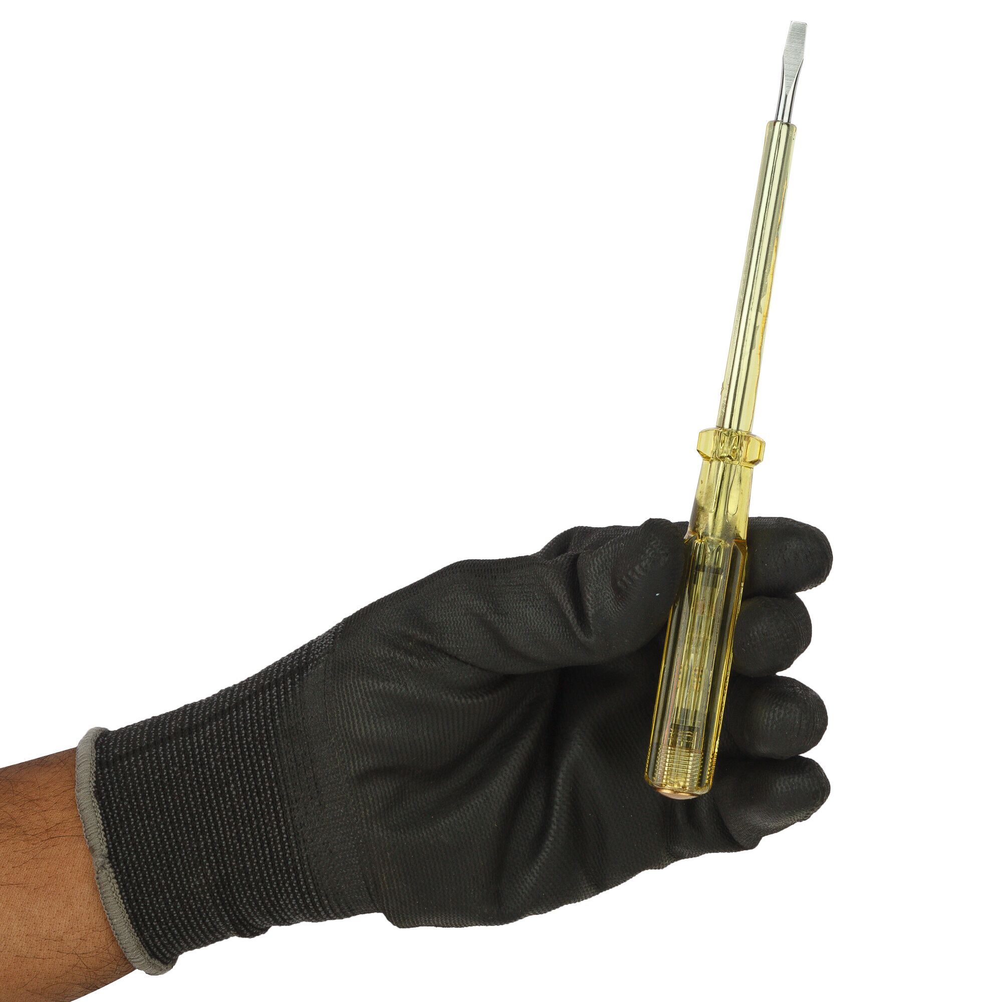 Hand in black glove holding a yellow tester screwdriver with transparent handle on white background.