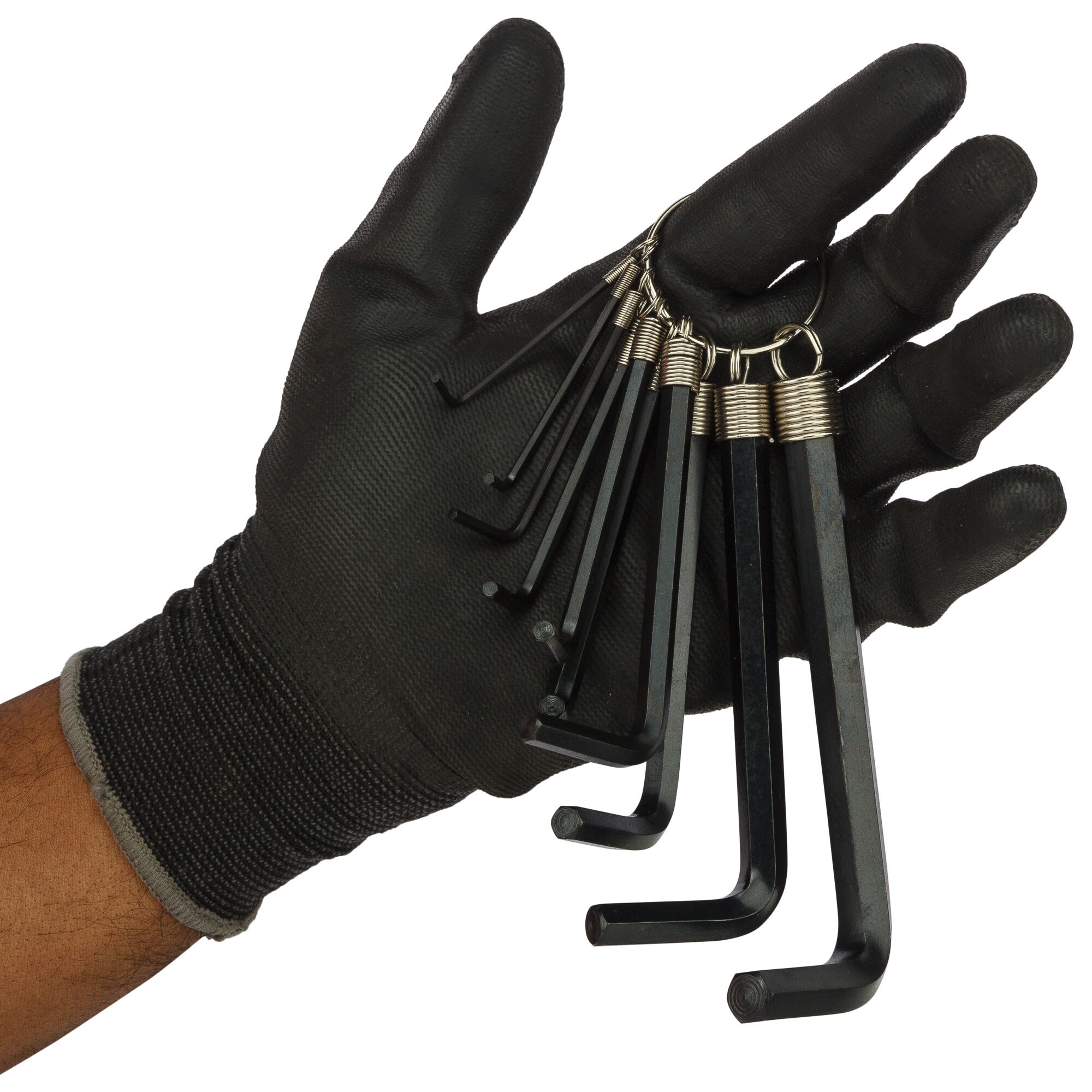 STANLEY 69-230 hex key set held in a black-gloved hand, close-up angle.