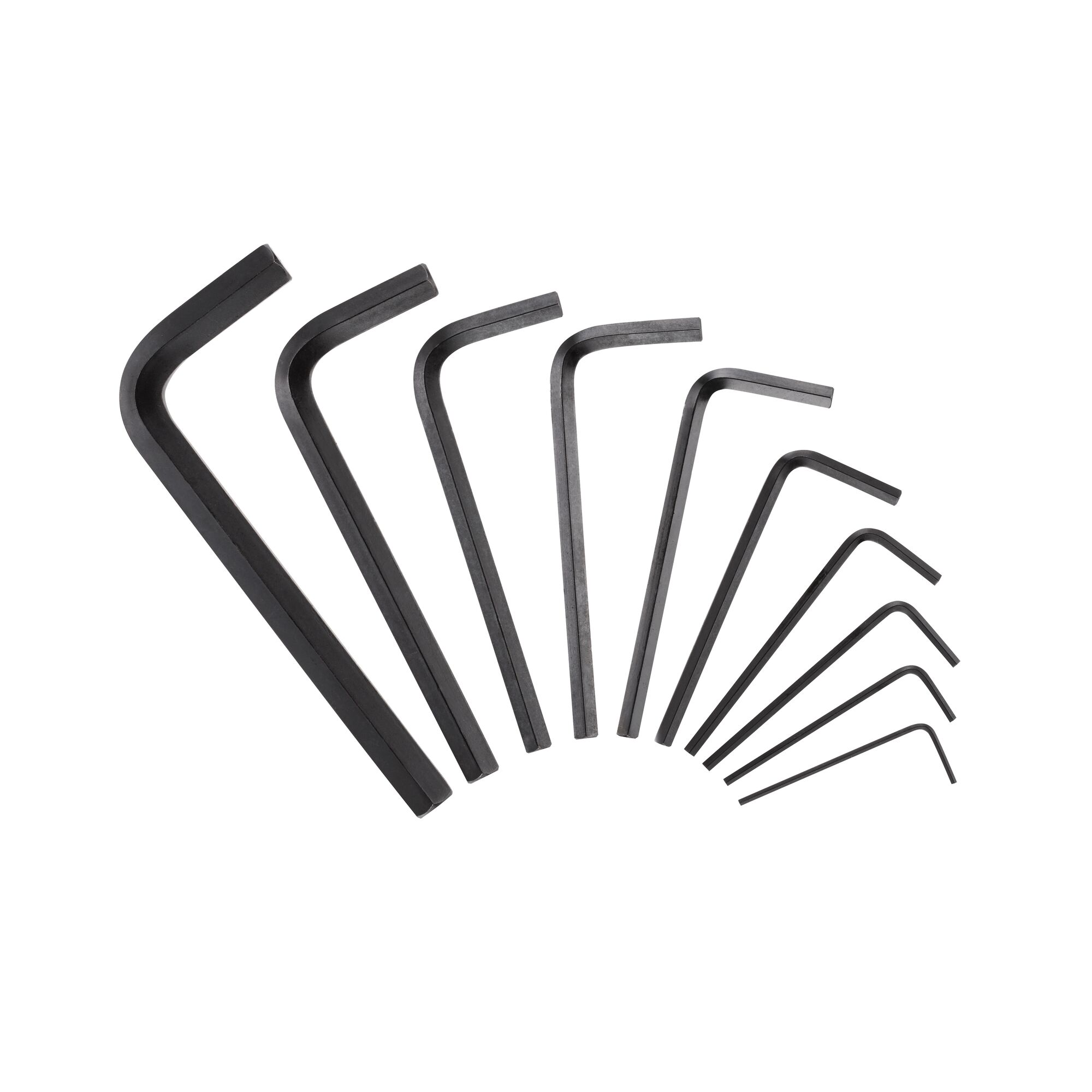 STANLEY 69-253 hex key set, photography of 10 black L-shaped keys in fan arrangement, front angle.