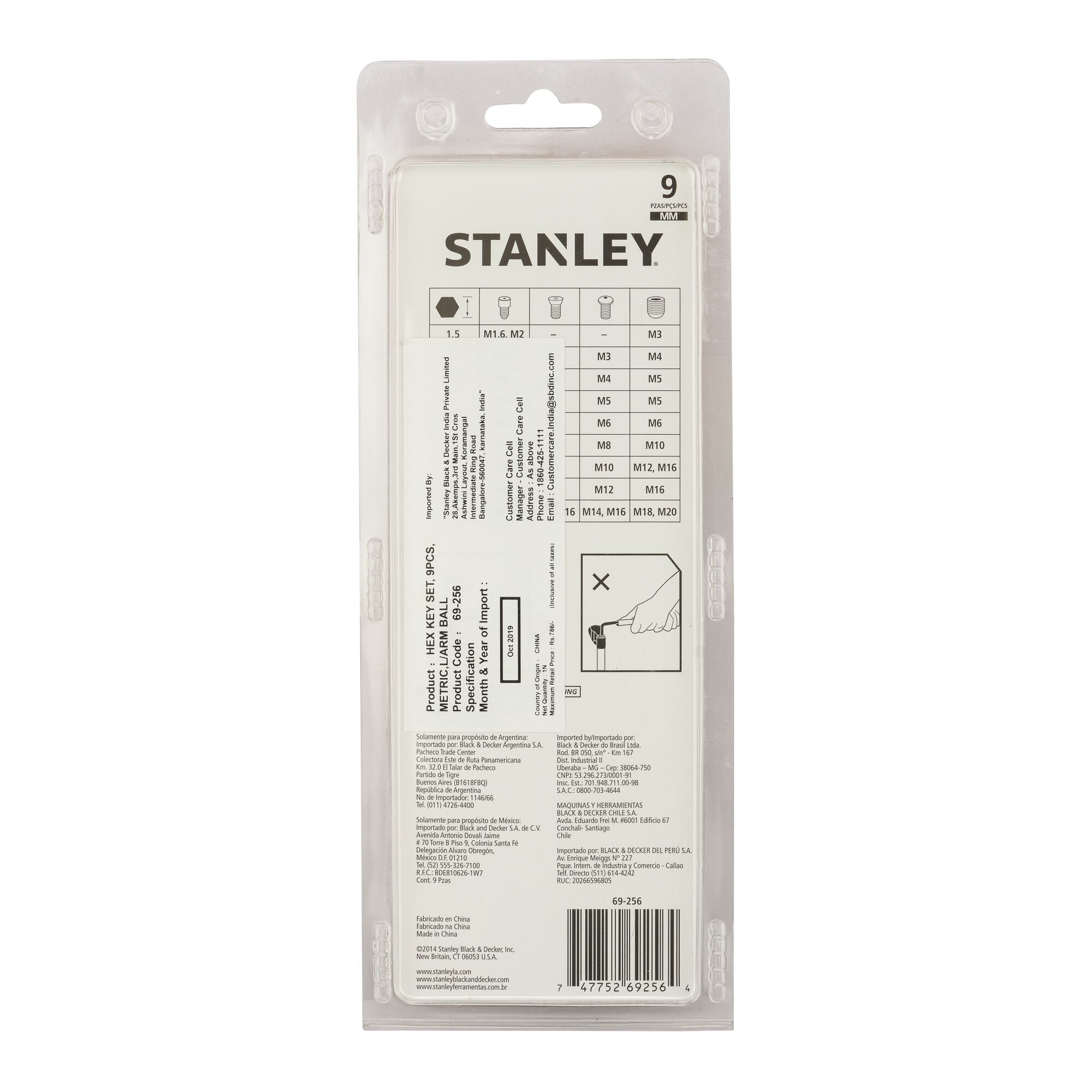 Hex Key Set, 9 Pcss, Metric, L/Arm Ball