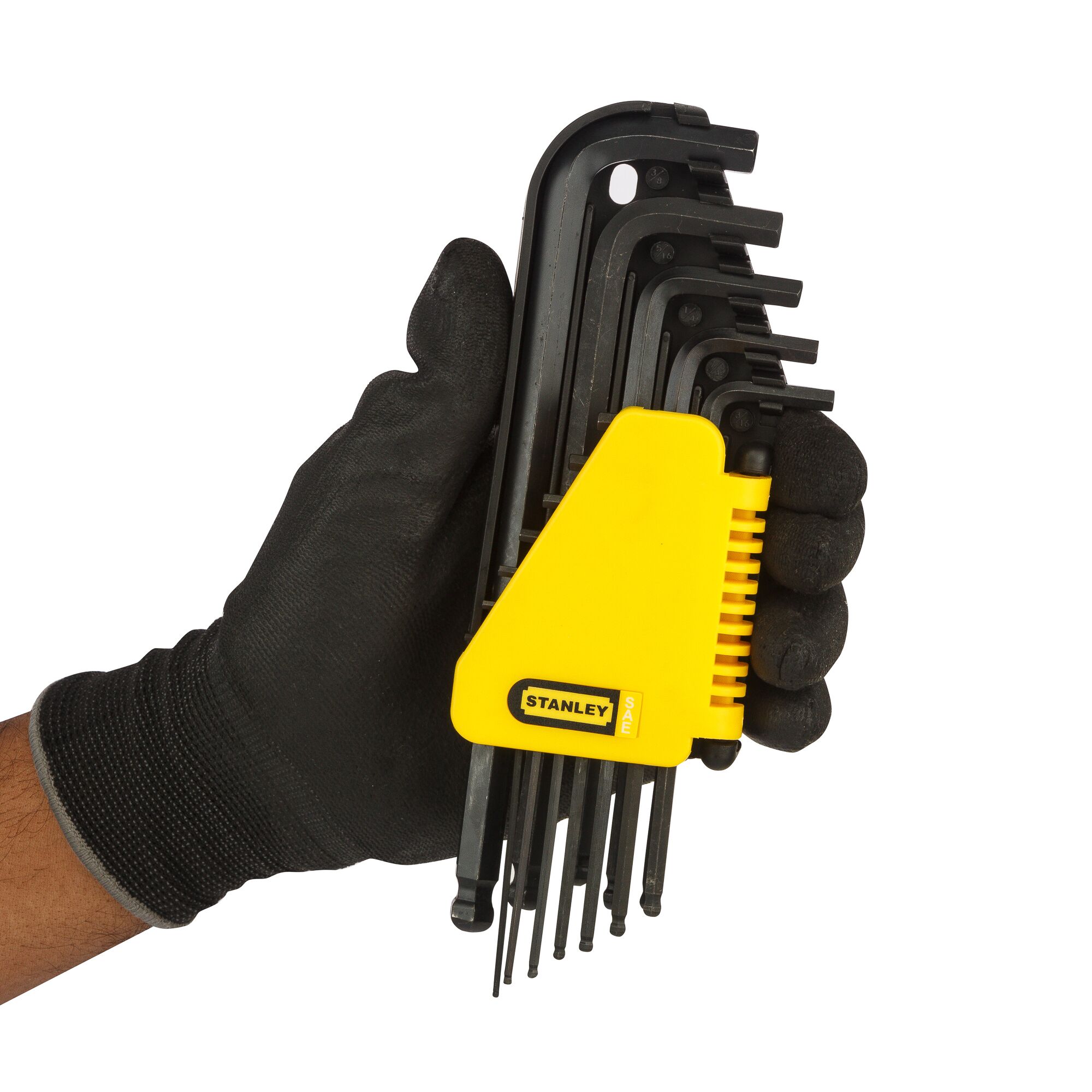 STANLEY 69-257 hex key set in yellow holder, held in a gloved hand, front angle photo.