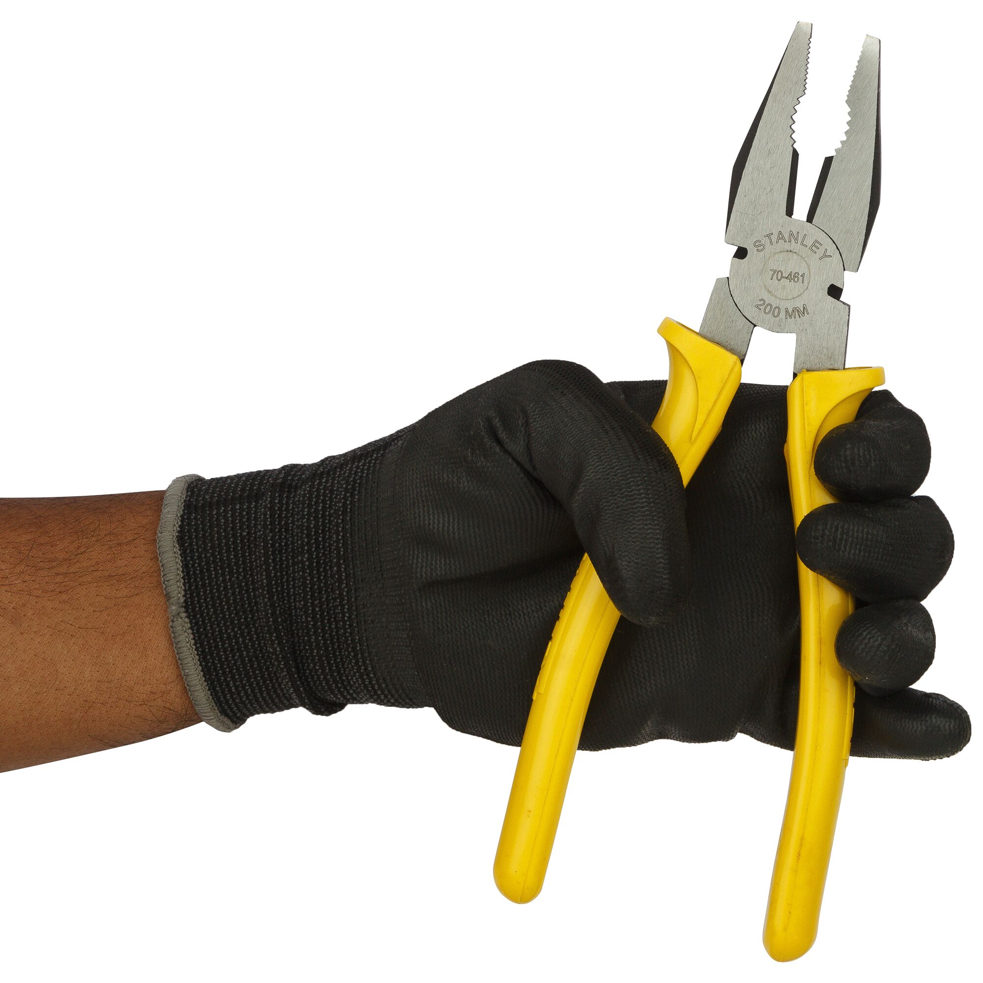 Stanley 70-461 pliers with yellow handles held in gloved hand, product category photography, side angle.
