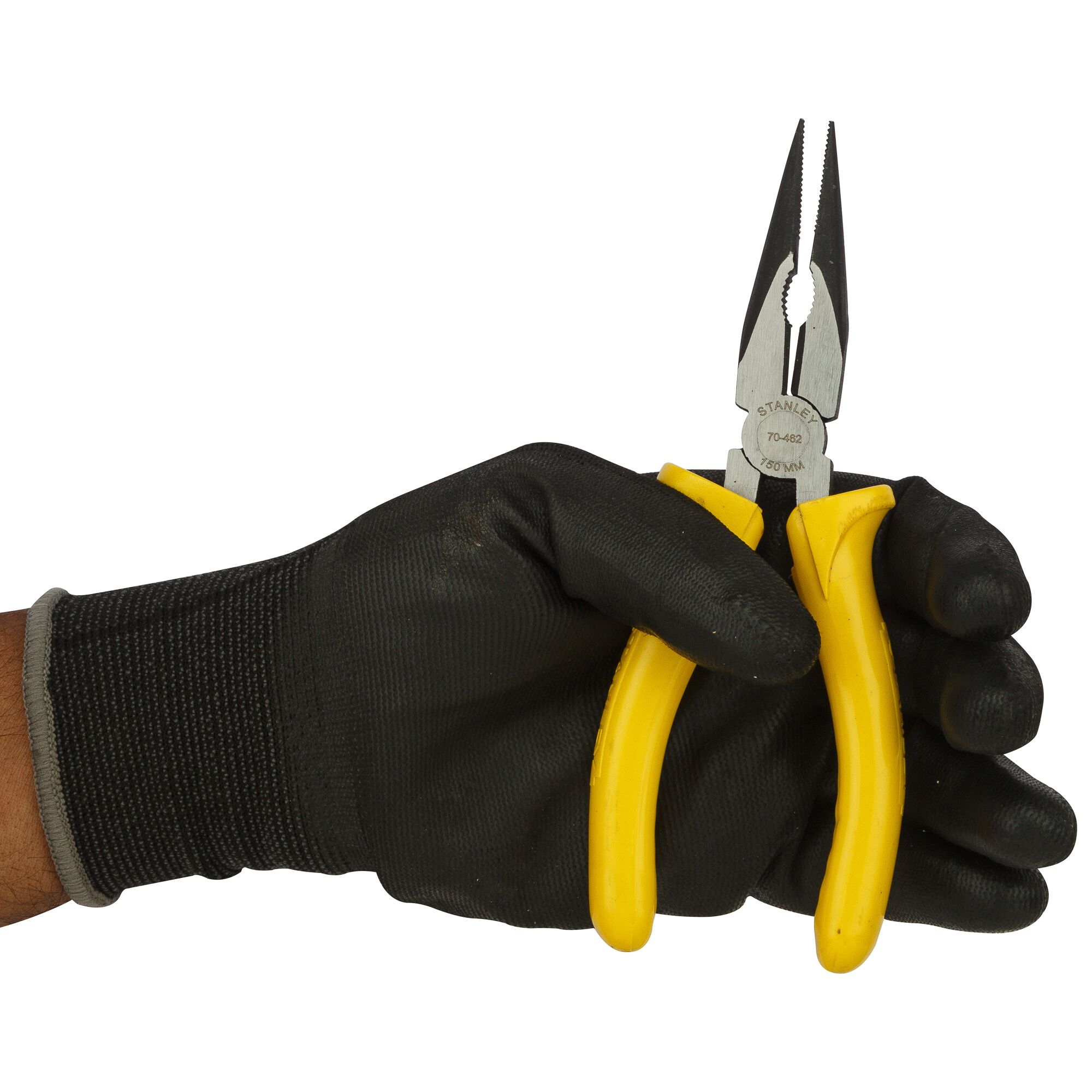 Stanley 70-462 long nose pliers with yellow handles held in a gloved hand, front angle, photography.