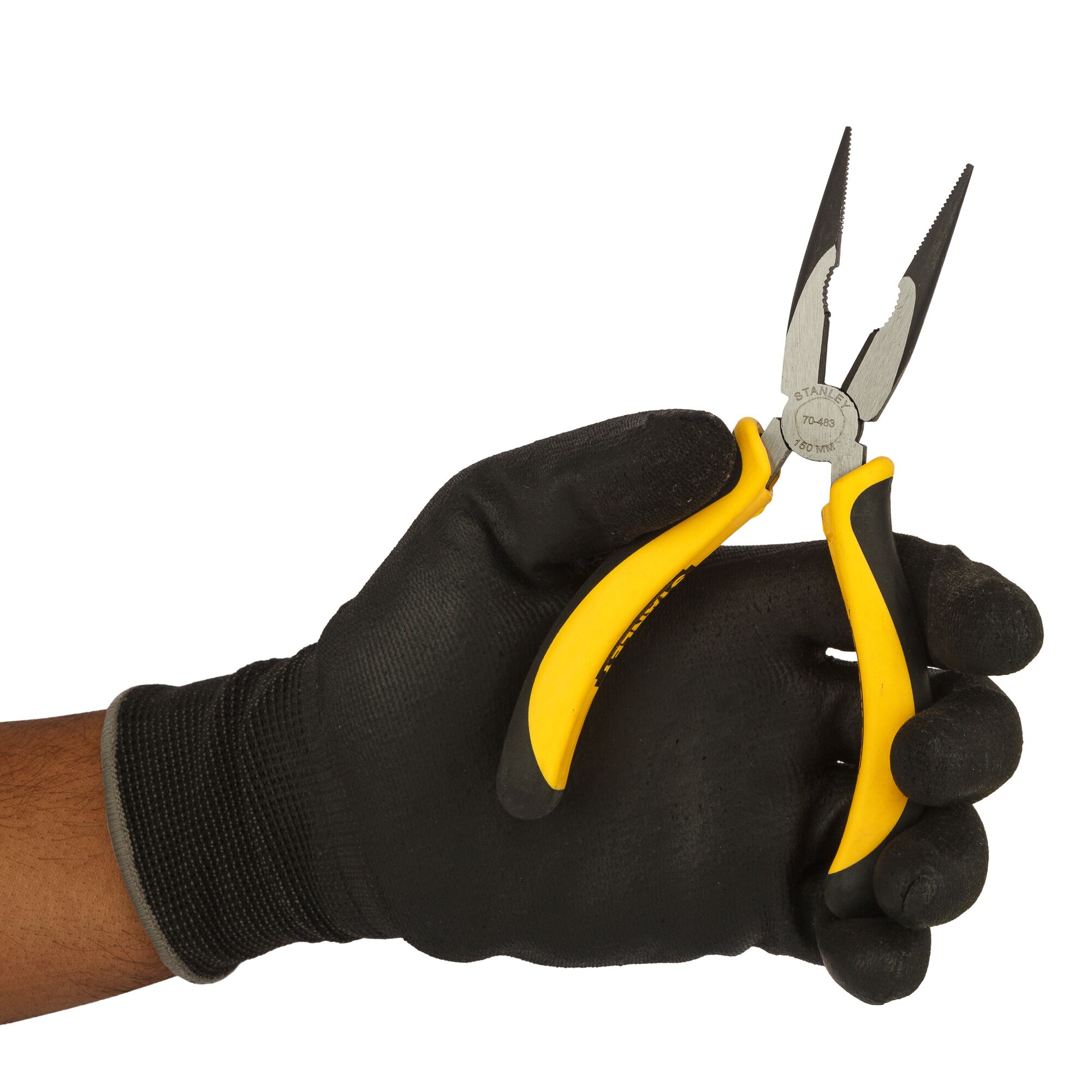 Stanley 70-483 pliers with yellow and black handle held in a gloved hand, side angle.