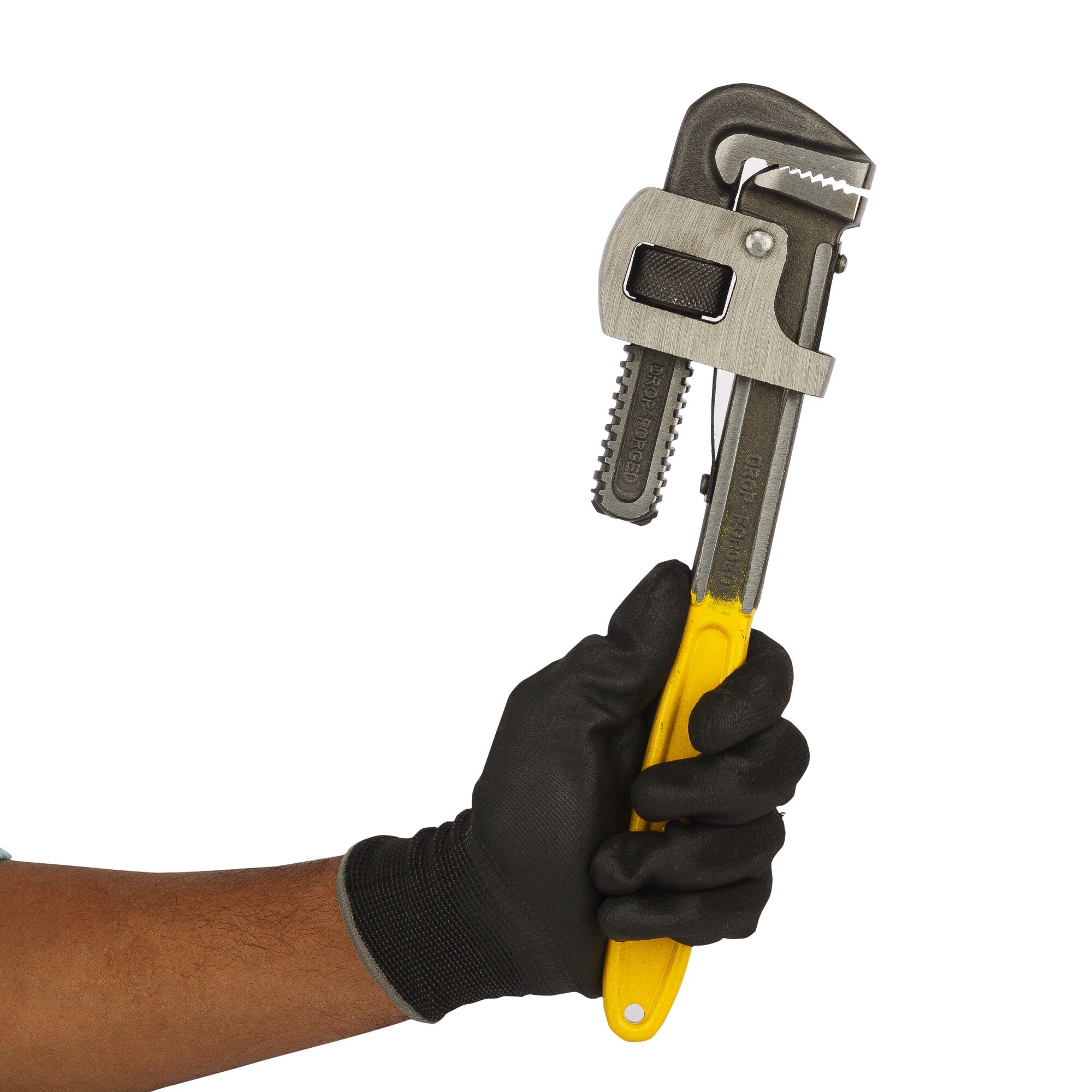 A gloved hand holding a yellow-handled Stanley pipe wrench against a white background.