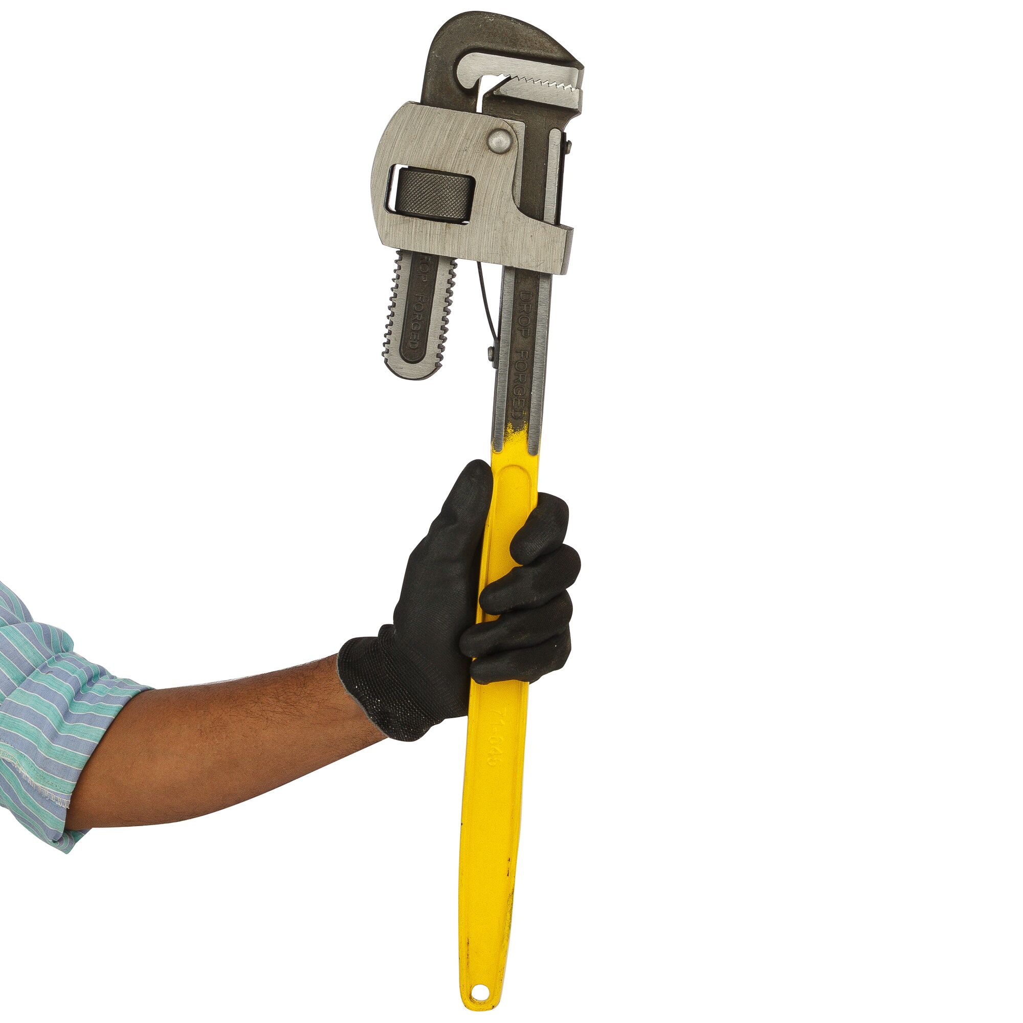 Photo of STANLEY 71-645 pipe wrench with yellow handle held by gloved hand, side angle.