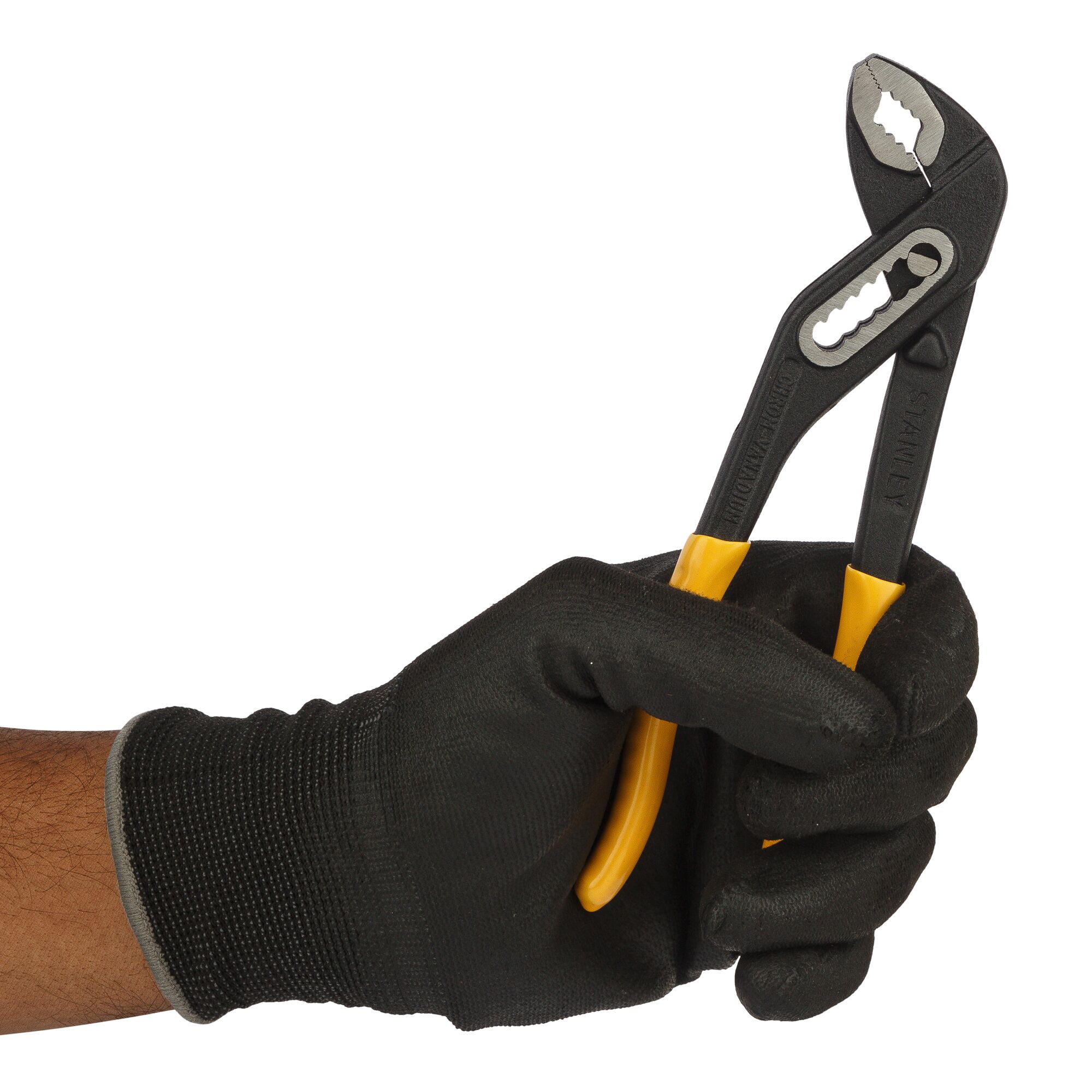 Photo of STANLEY 71-668 adjustable pliers with yellow handles held in a gloved hand, side angle.