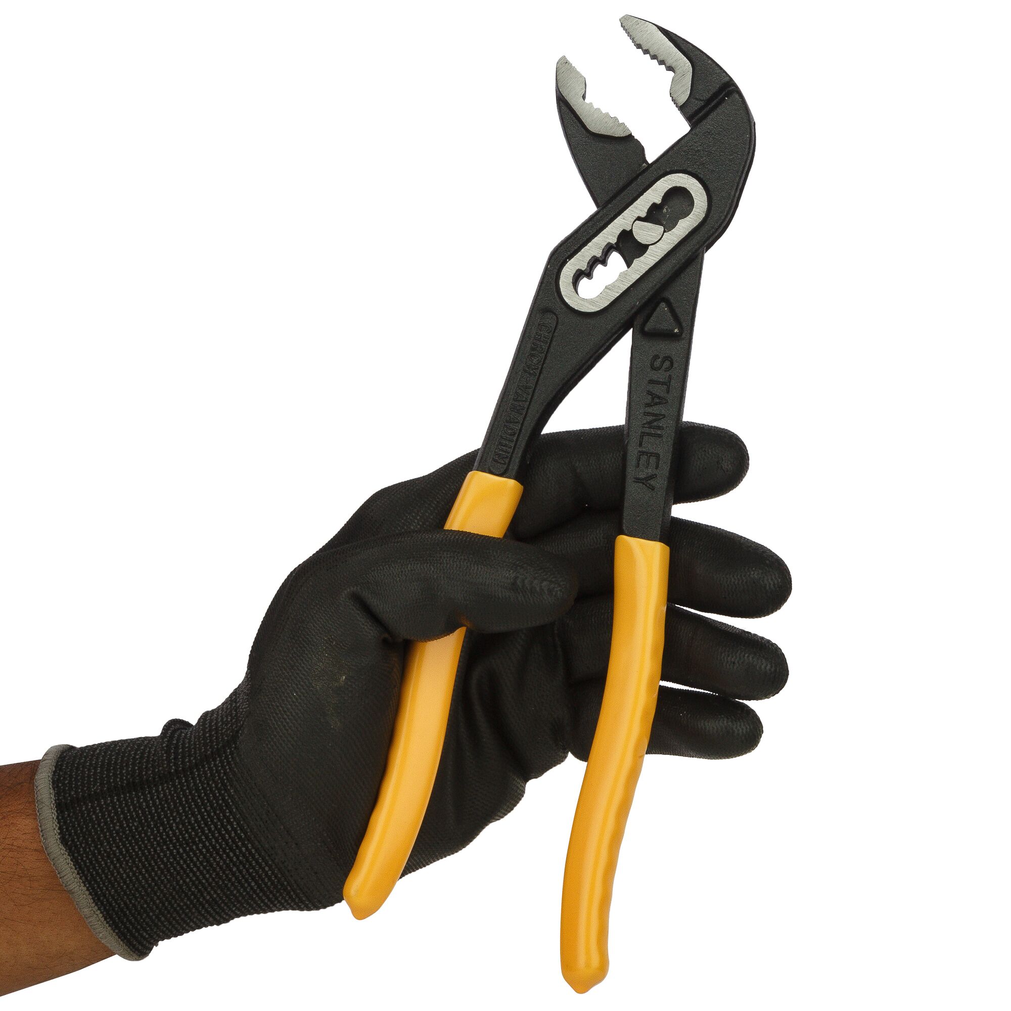 Photo of STANLEY 71-669 adjustable pliers with yellow handles, held in a gloved hand, side angle.