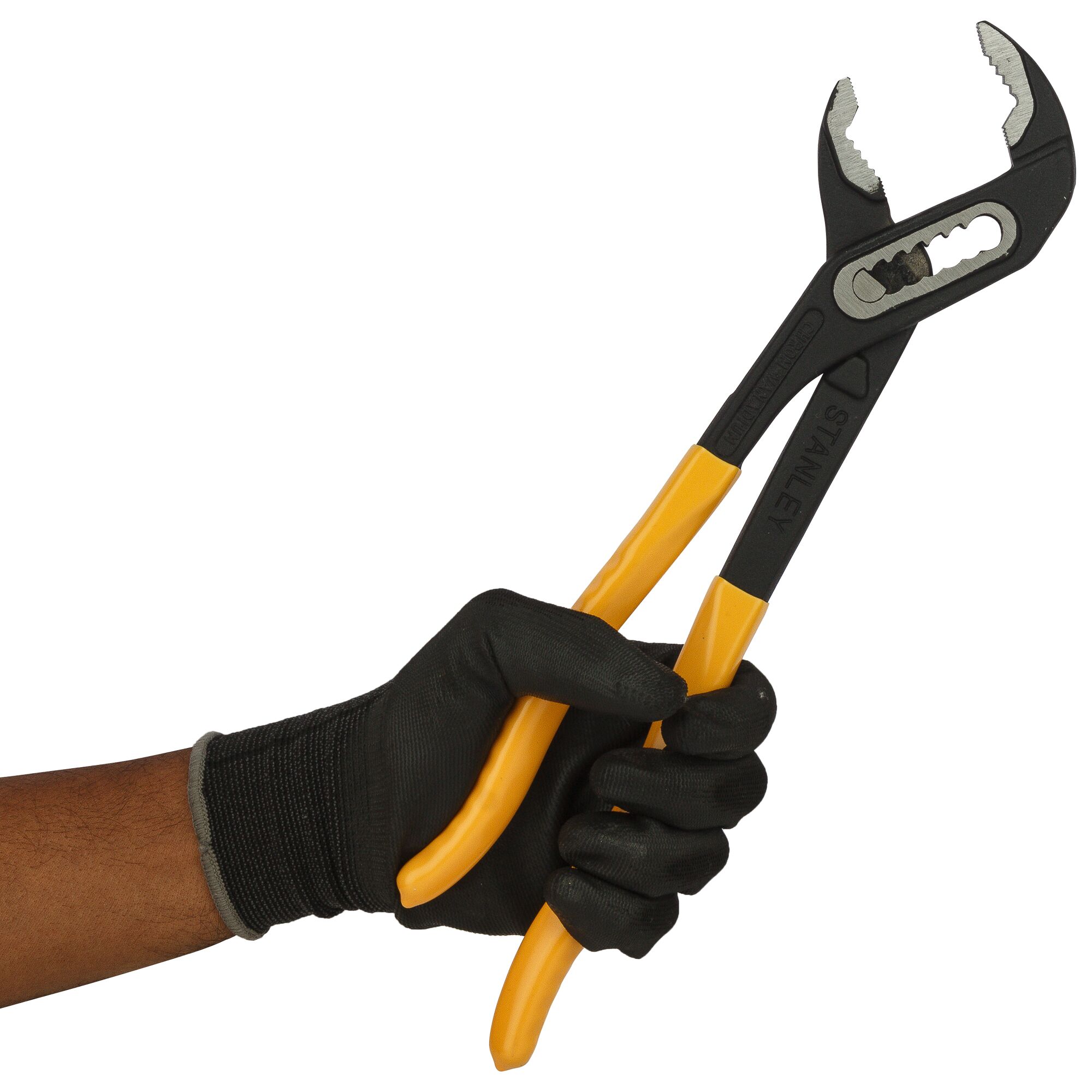 Photo of STANLEY 71-670 groove joint pliers with yellow handles held in a gloved hand, side angle.