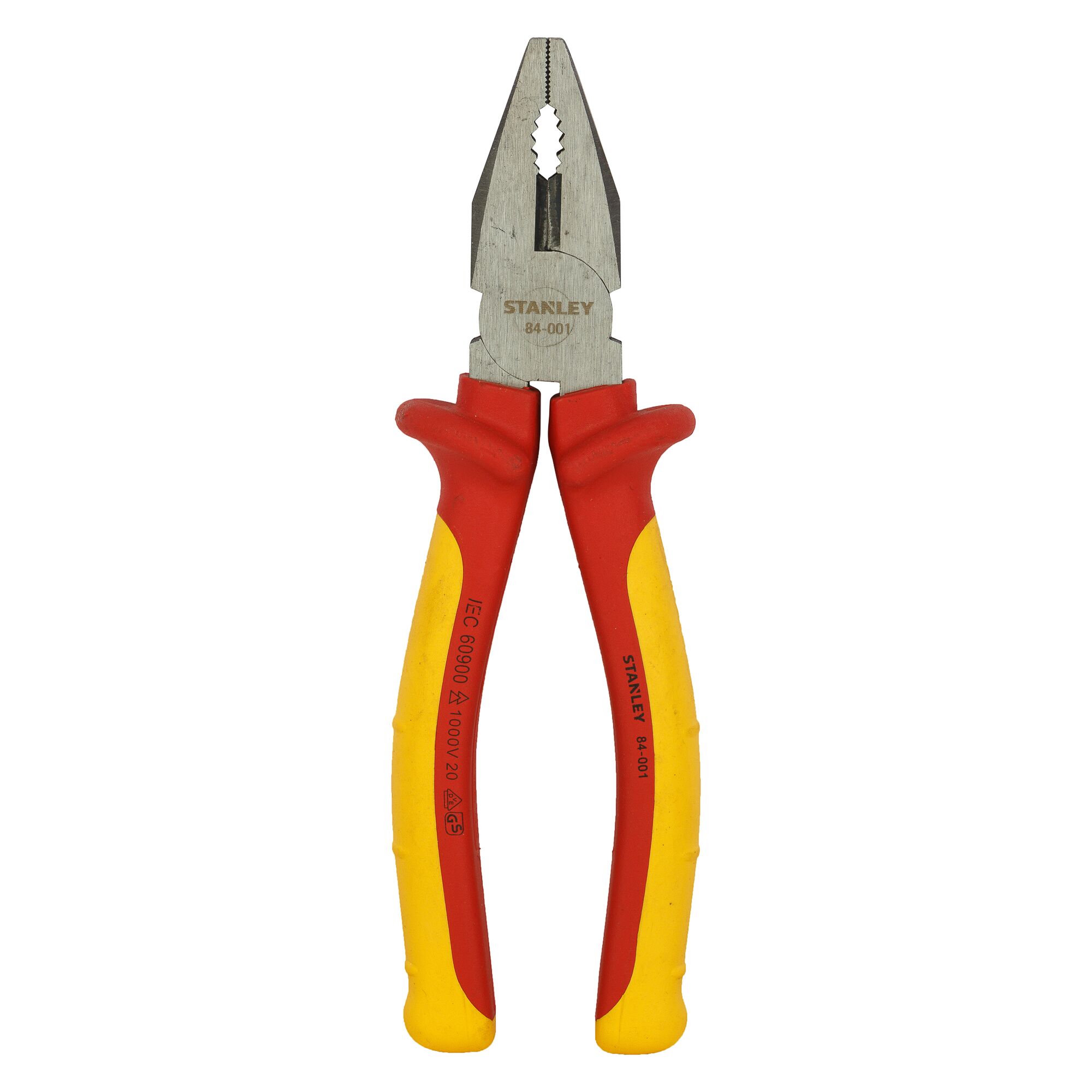 Stanley 84-011 insulated combination pliers, red and yellow handles, front angle photo.