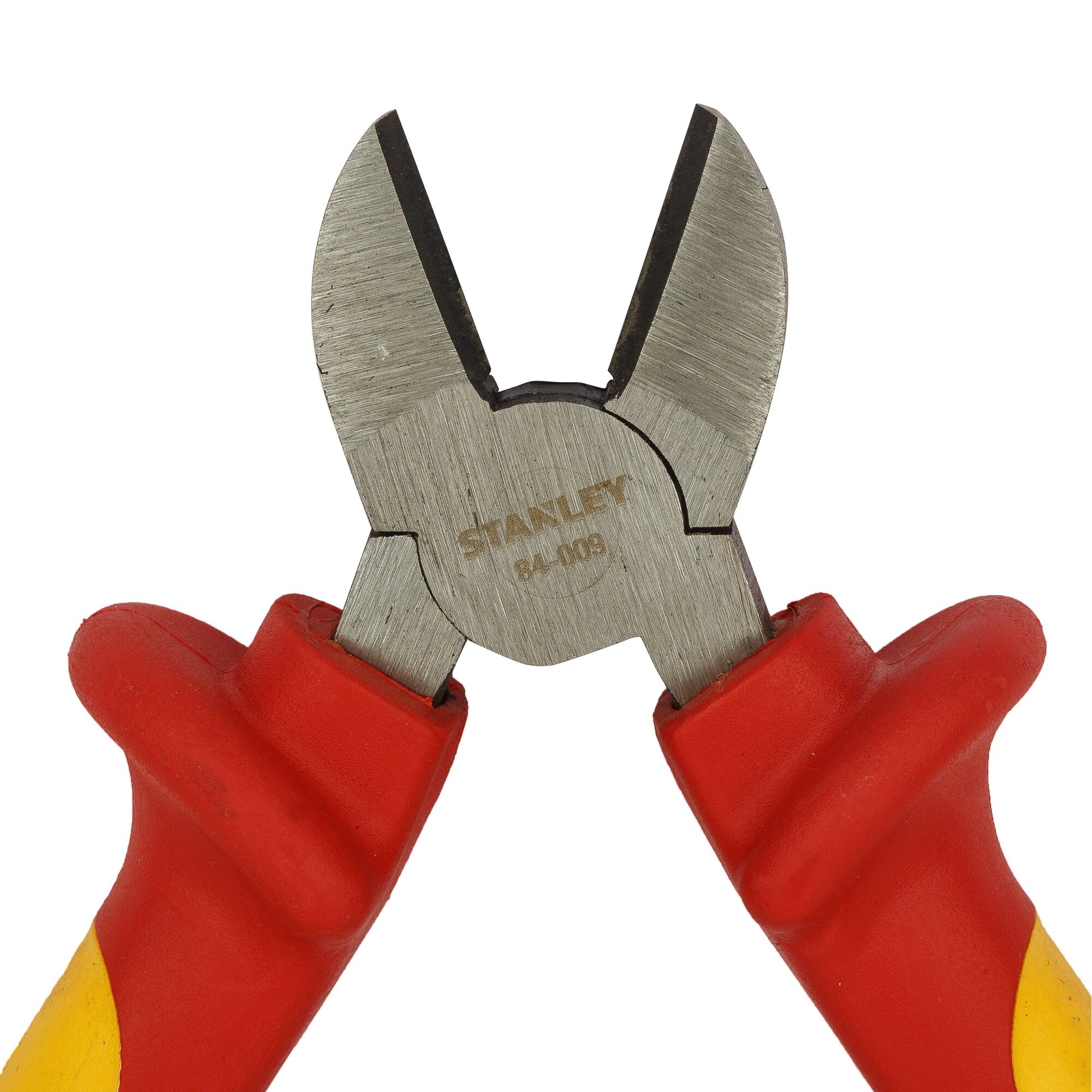 STANLEY 84-011 diagonal cutting pliers with red and yellow handles, front view.