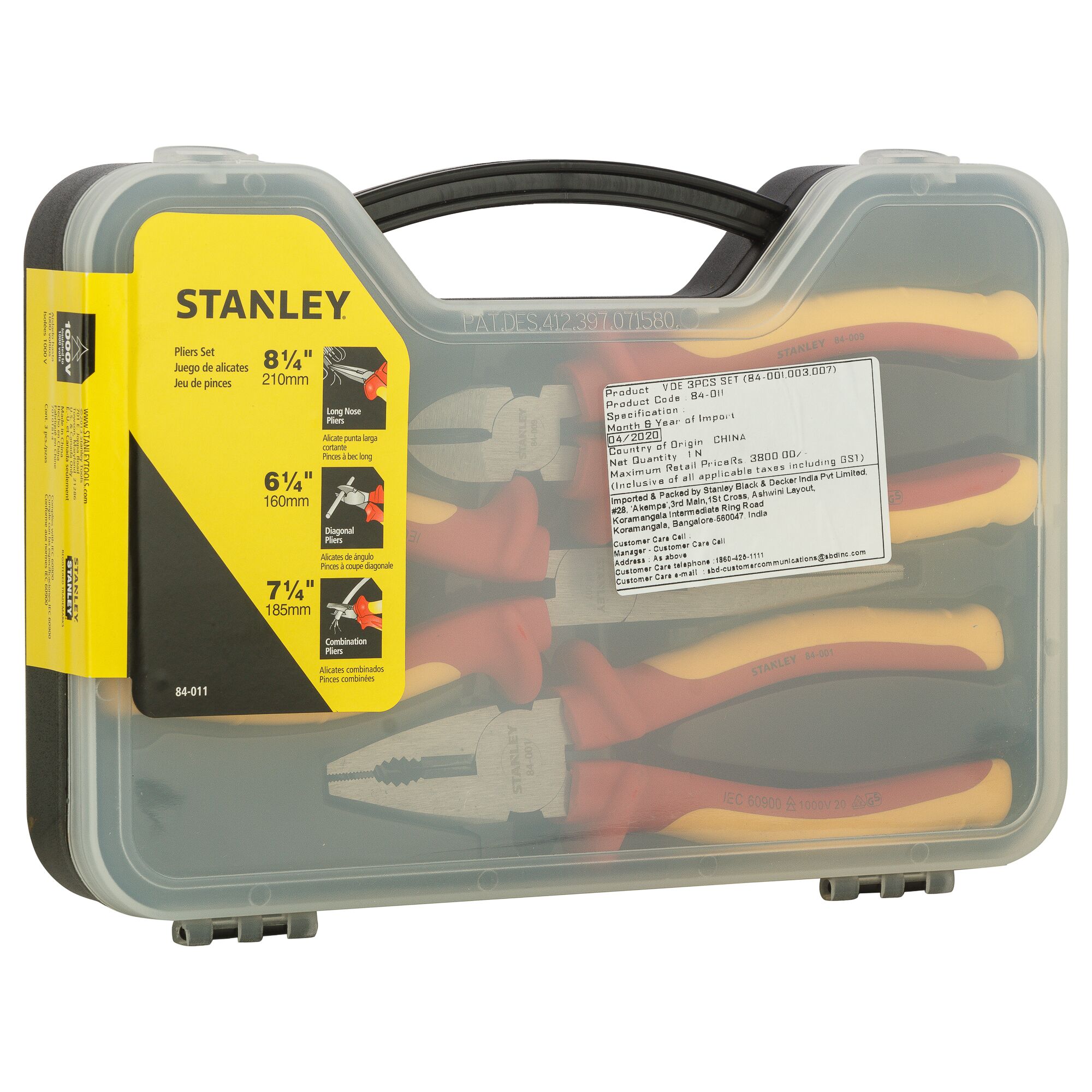 STANLEY 84-011 pliers set in a transparent plastic carrying case with yellow label showing three insulated pliers.