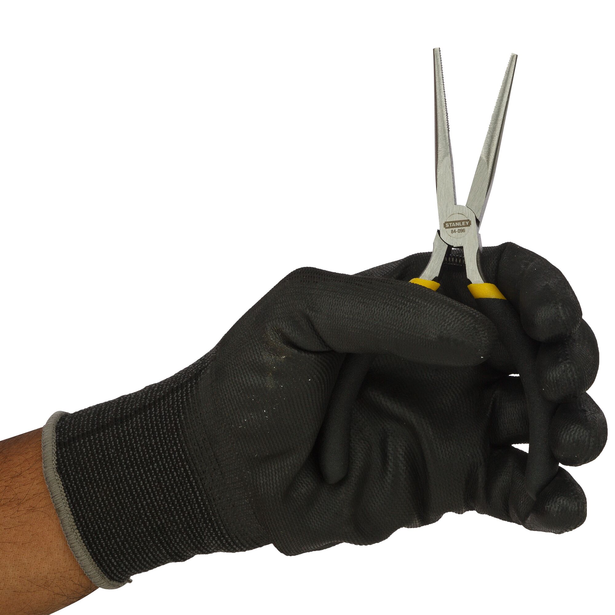 STANLEY 84-096-23 long nose pliers held by gloved hand, close-up, tool photography.