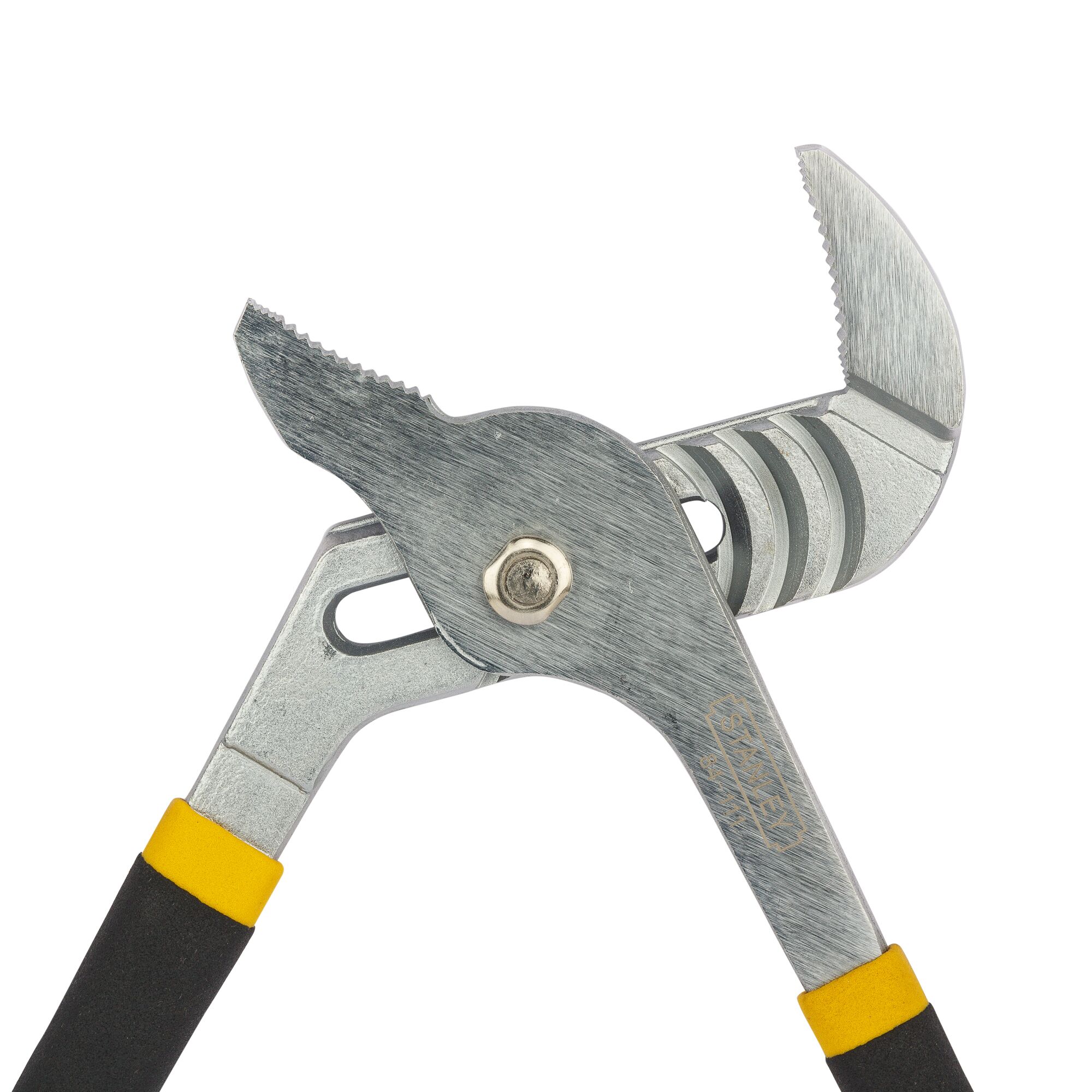 STANLEY 84-111 adjustable groove joint pliers with serrated jaws, black and yellow handles, side view on white background.