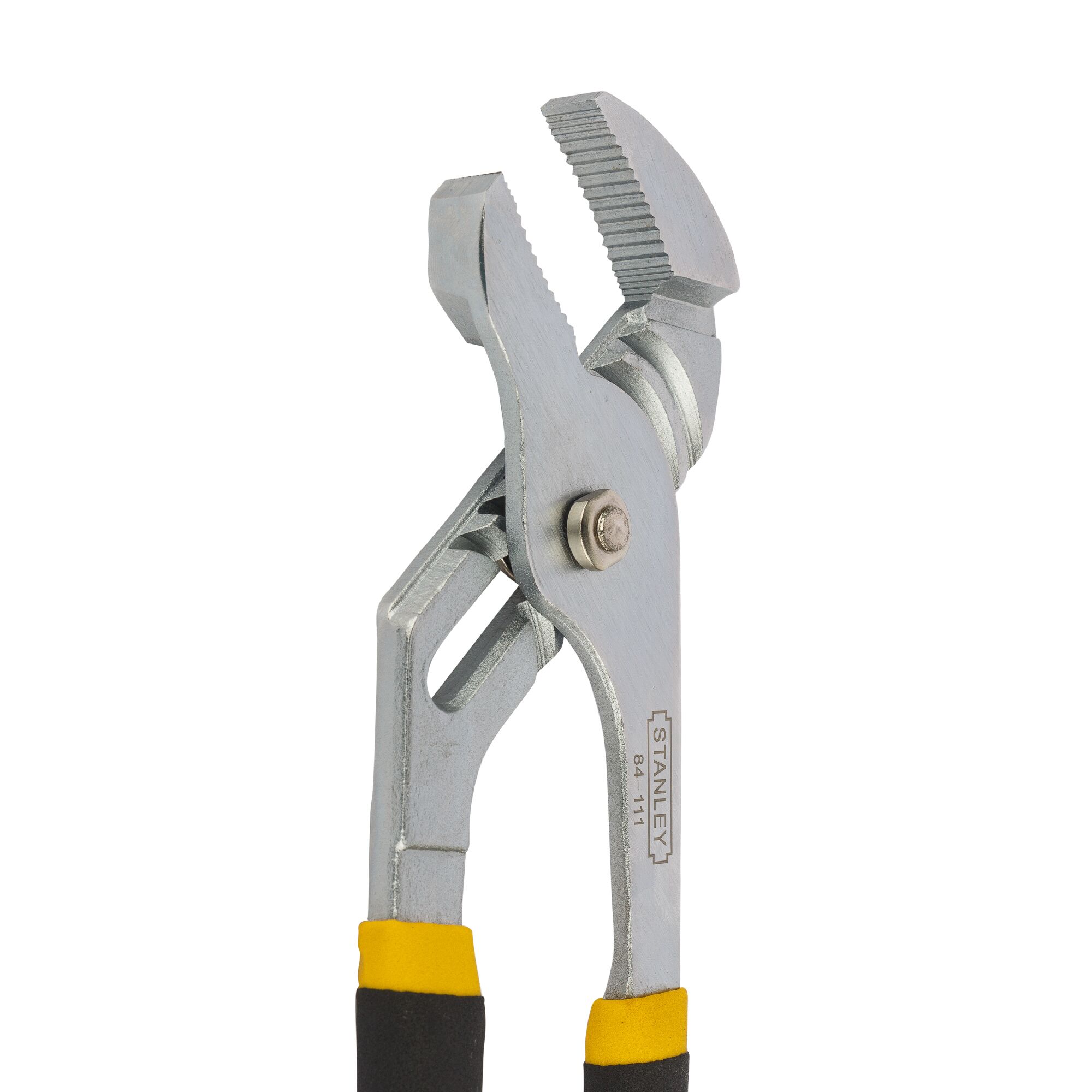 Stanley 84-111 adjustable groove joint pliers with yellow and black handles, front angle view.