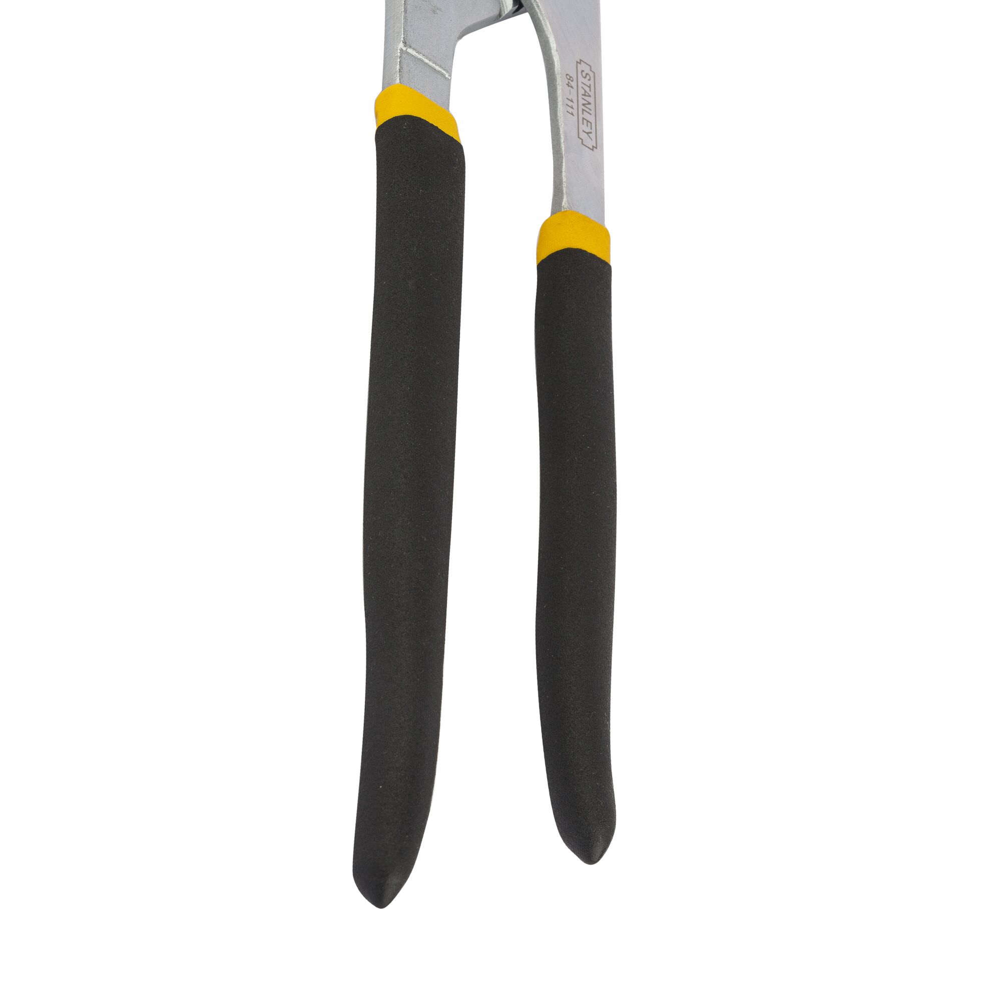 Photo of STANLEY 84-111 pliers handle with black cushion grip and yellow trim, close-up on white background.