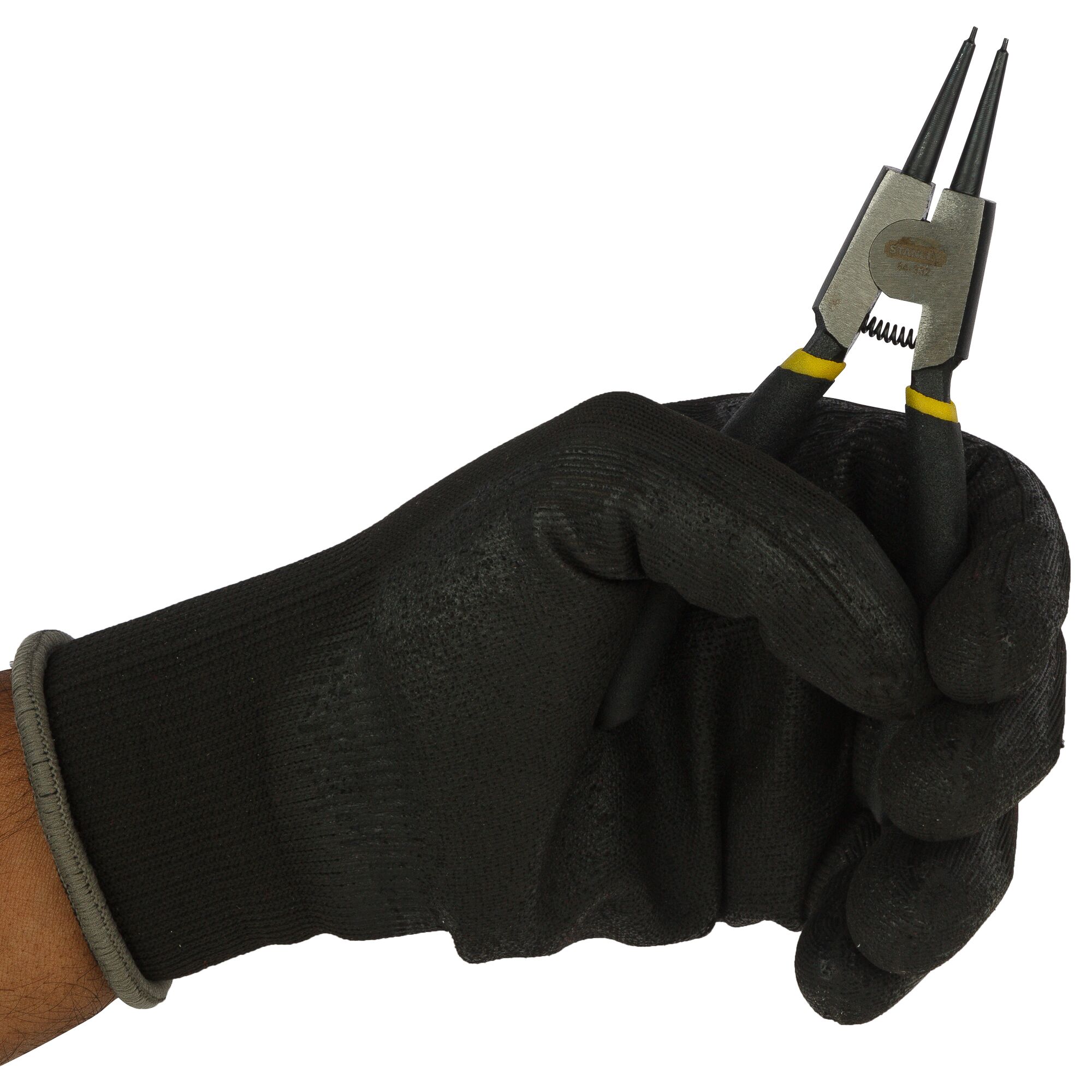STANLEY 84-332-23 round nose pliers held by a gloved hand, front angle, tool category.