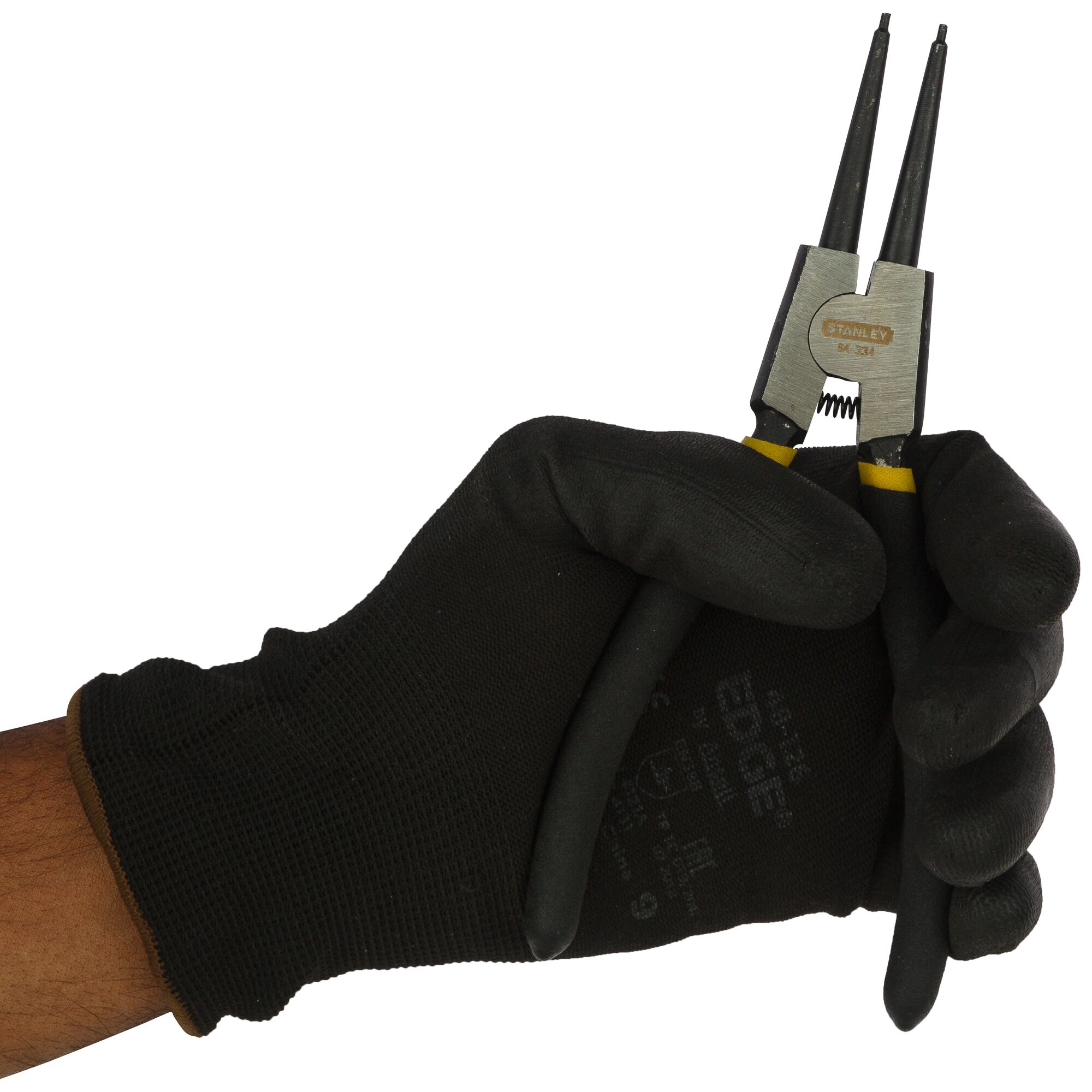 Stanley 84-334-23 snap ring pliers held in a black glove, close-up angle.