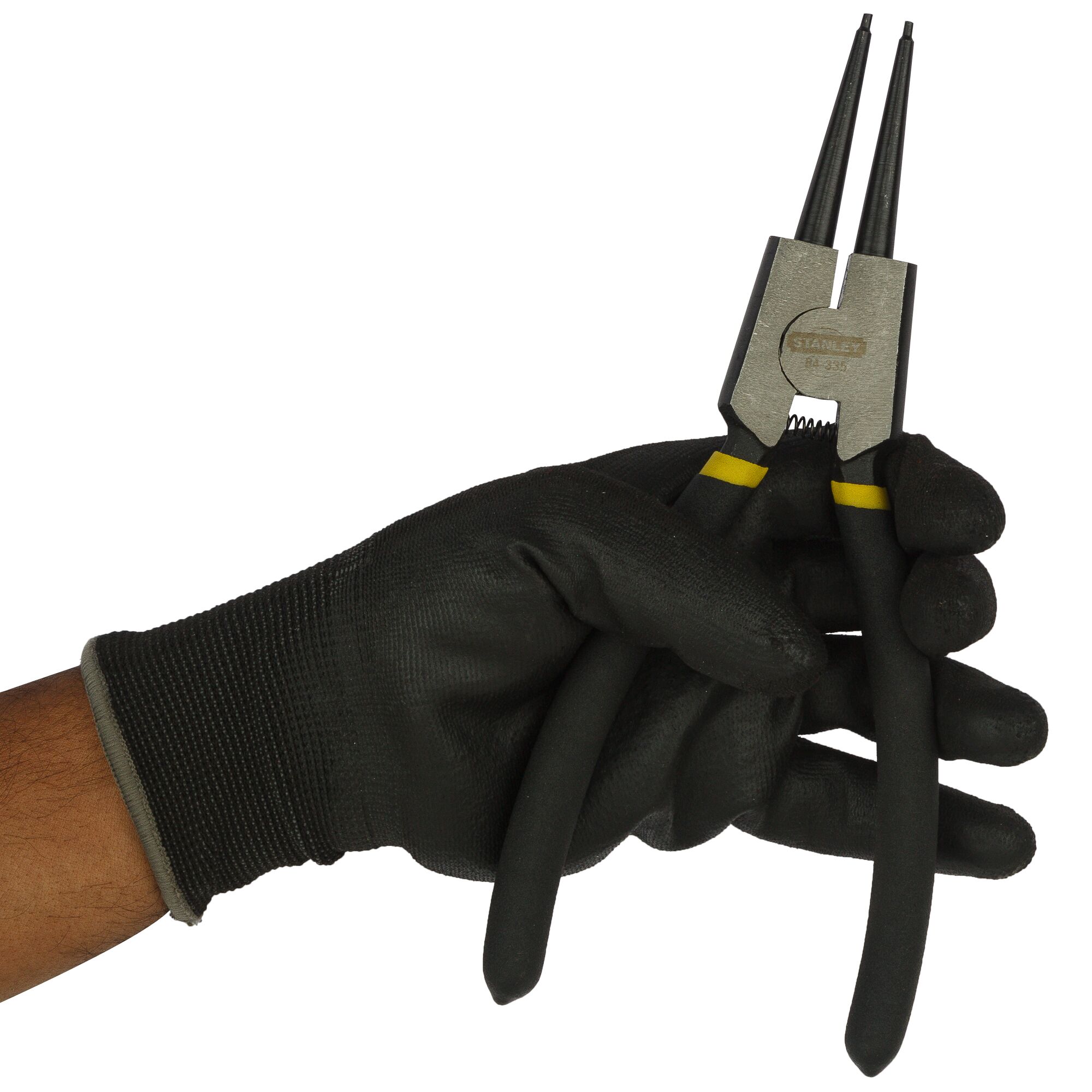 Photo of STANLEY 84-335-23 external circlip pliers held in a gloved hand, front angle.